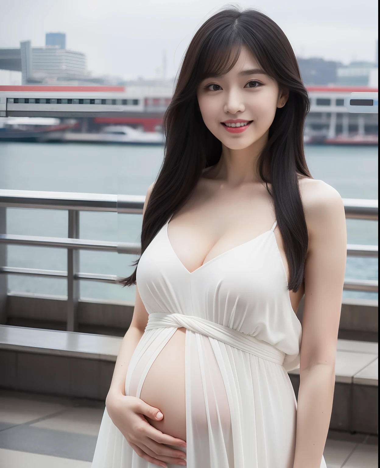 Pregnancy,Big belly,late pregnancy,massive belly,Very big belly,Pregnant women,View here,((Best Quality, 8K, masutepiece: 1.3)), Beautiful Girl, pure, Melon face, gentle and cute, Sweet smile, pure lust, Slender body, (front), (Head Tilted), ((looking in camera) ), Wearing a white dress, long black silky hair, Long flowing shoulders, round black big eyes, clear big eyes, Moist red lips, Dolce, Standing, Ferry Terminal Background, ((( (Whole body)))),8k RAW photo, top-quality, masterpiece, 超A high resolution,