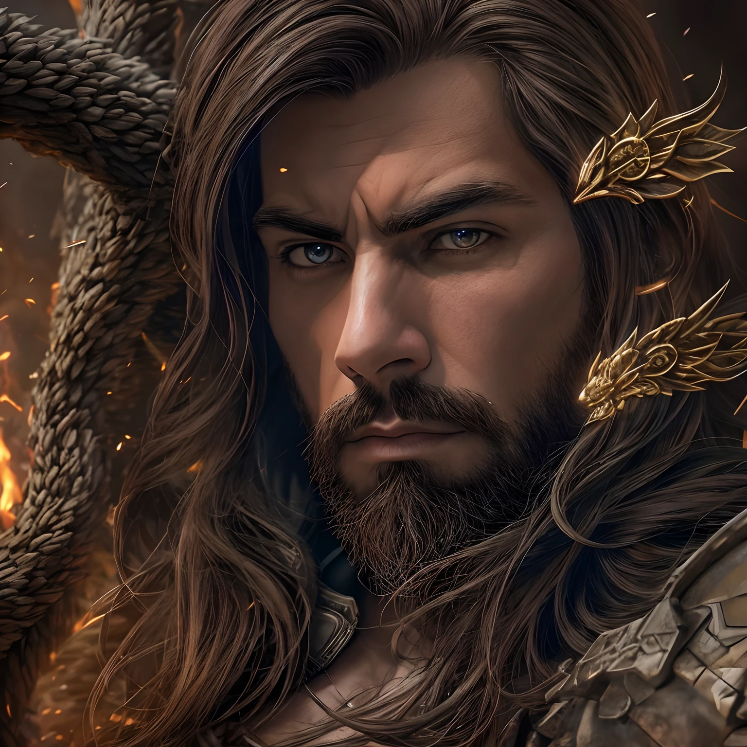 tmasterpiece,melhor qualidade,Cinematic Ligh,arte oficial,Arte de propaganda,movie wallpapers,Papel de parede CG 4k unificado muito detalhado,Detalhes complicados,a parte superior do corpo,Foco Sface,A swarm of monsters is out there,The human male protagonist is surrounded,The human protagonist has a horrible face,Hold a heavy sword in both hands,cenas de batalha,Trajes da dinastia Tang,Don't show your chest,Textura de roupas ultra-detalhada,many patterns,(illustratio:1.1)homens musculosos,uma pele escura e bronzeada,tree BREAK making art,(Fonte de Luz Quente:1.2),long, flowing hair,ventos fortes,olhos alaranjados,visible nipple。Fotorrealista e realista