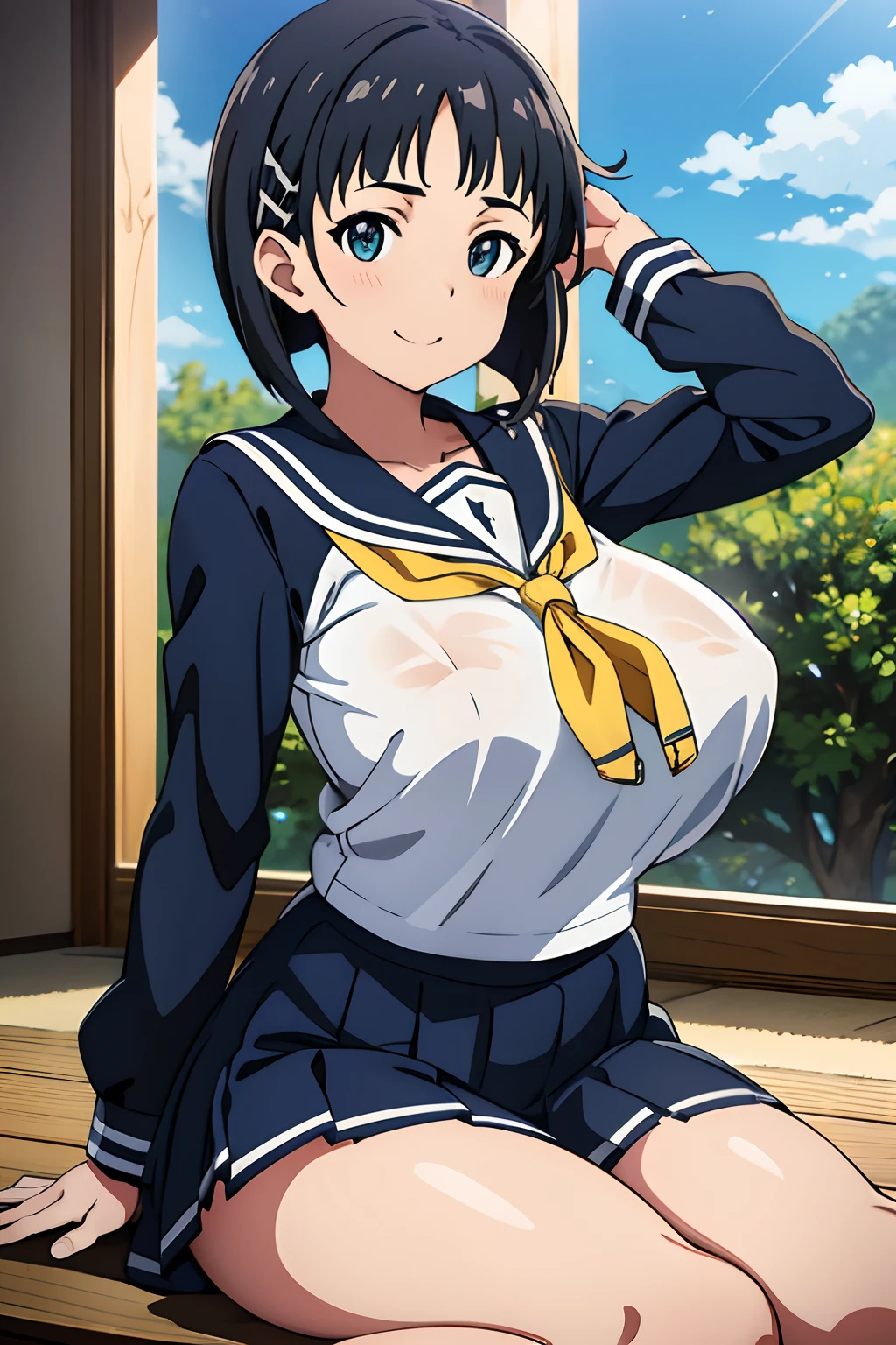 huge tits, Naoha Kirigaya(sword art online), 1girl, bob hair, hairclip, masterpiece、top-quality、white sailor school uniform、huge tit、A sexy、school、dynamic angle, view at camer, smile,