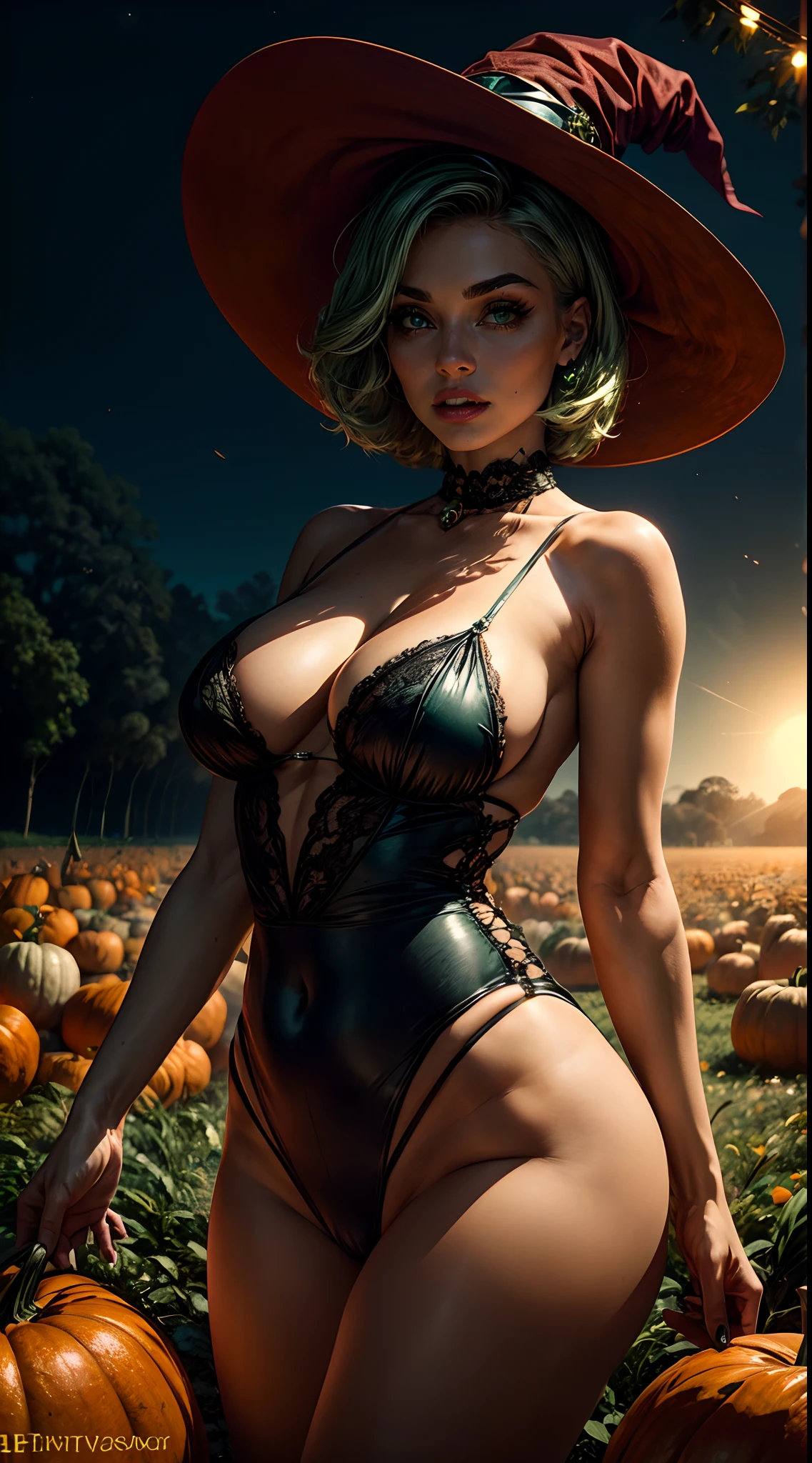 Scantily clad sexy witch Tia is shown with a rather slender figure. Ela tem cabelos branco-grisalhos , She has short hair and big pale green eyes, Estilo Pin-Up, at night, voando em uma vassoura, Flying over a field of pumpkins, low camera angle, Quatro