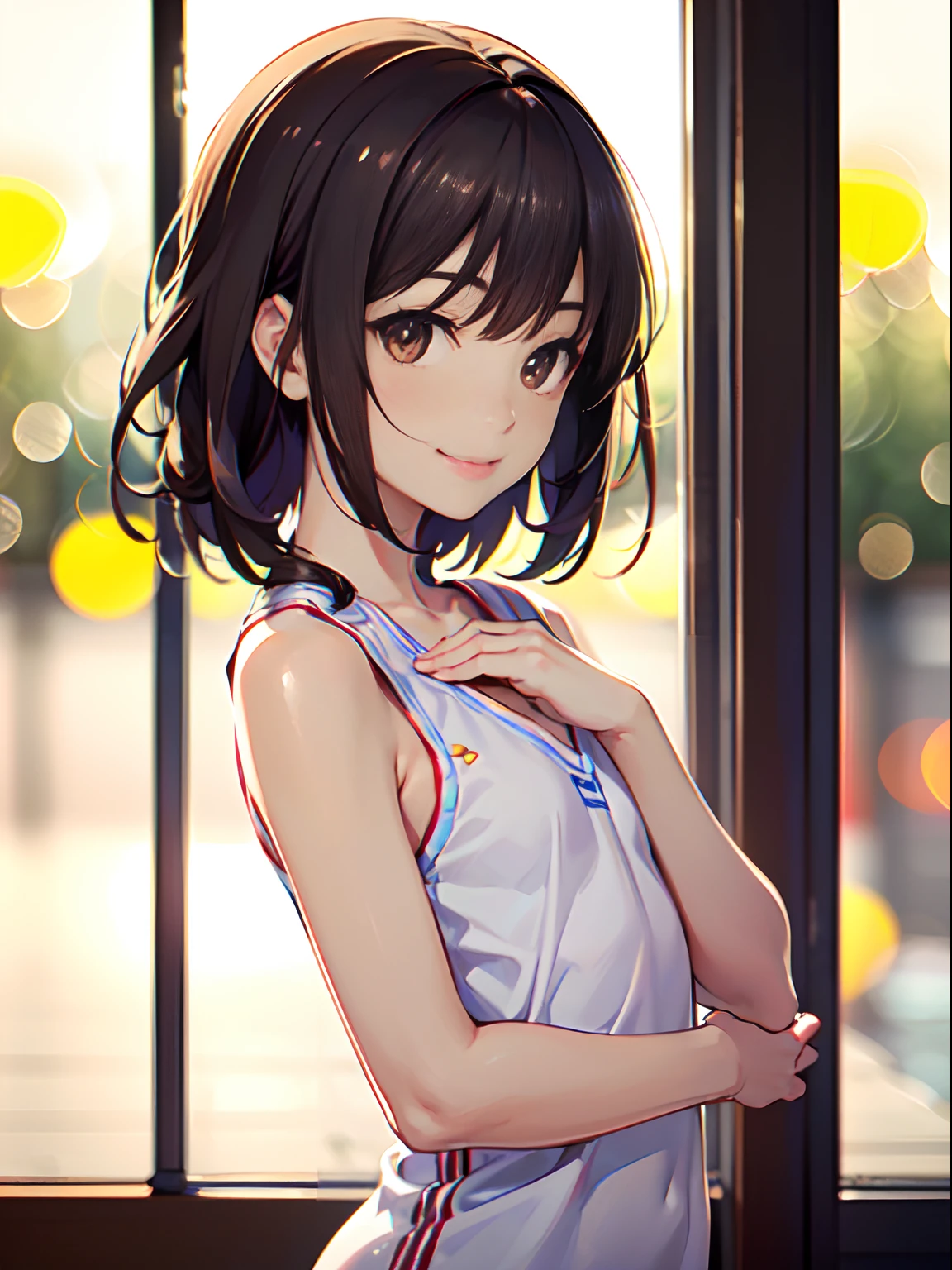 Best Quality, 超A high resolution, (Photorealistic:1.4), Raw photo, (upper thigh, From Side:0.7), (Bokeh:1.5), (in a suite:1.6),window, 1日本人の女の子, Cute, (Solo:1.6), (Shy smile), (Brown eyes), Smooth skin, (Brown medium hair,Bangs),(Small chest),Delicacy, (touch hair:1.4), cheer girl、Stadium