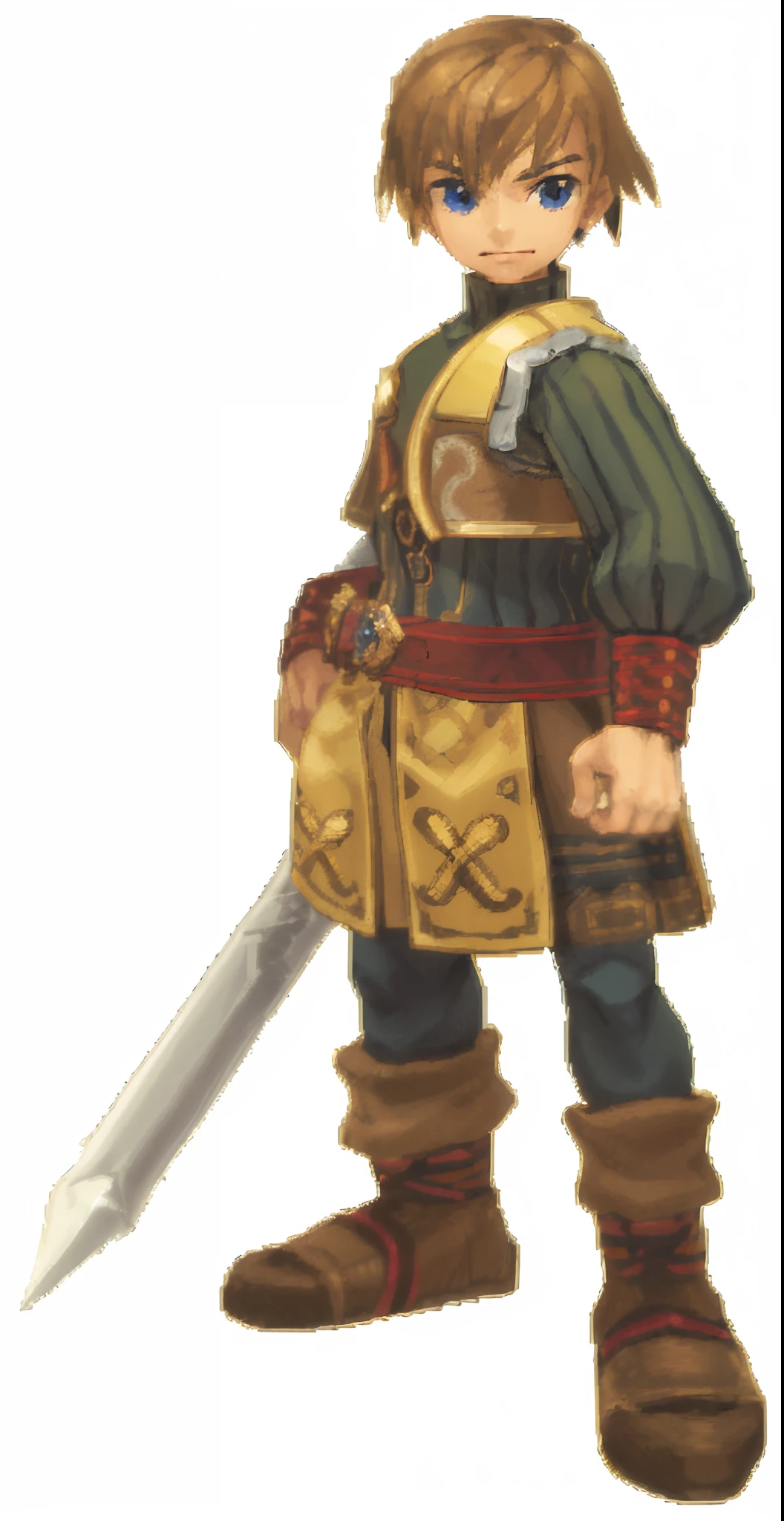 um close up de uma pessoa com uma espada e uma roupa marrom, Personagem JRPG, Personagem de RPG, final fantasy tactics character, avatar do personagem RPG, imagem de um guerreiro masculino adulto, espada larga amarela, d&d protagonista, picture of a male cleric, bardo masculino, roupa de aventureiro grande capa, malandro masculino, um paladino masculino humano