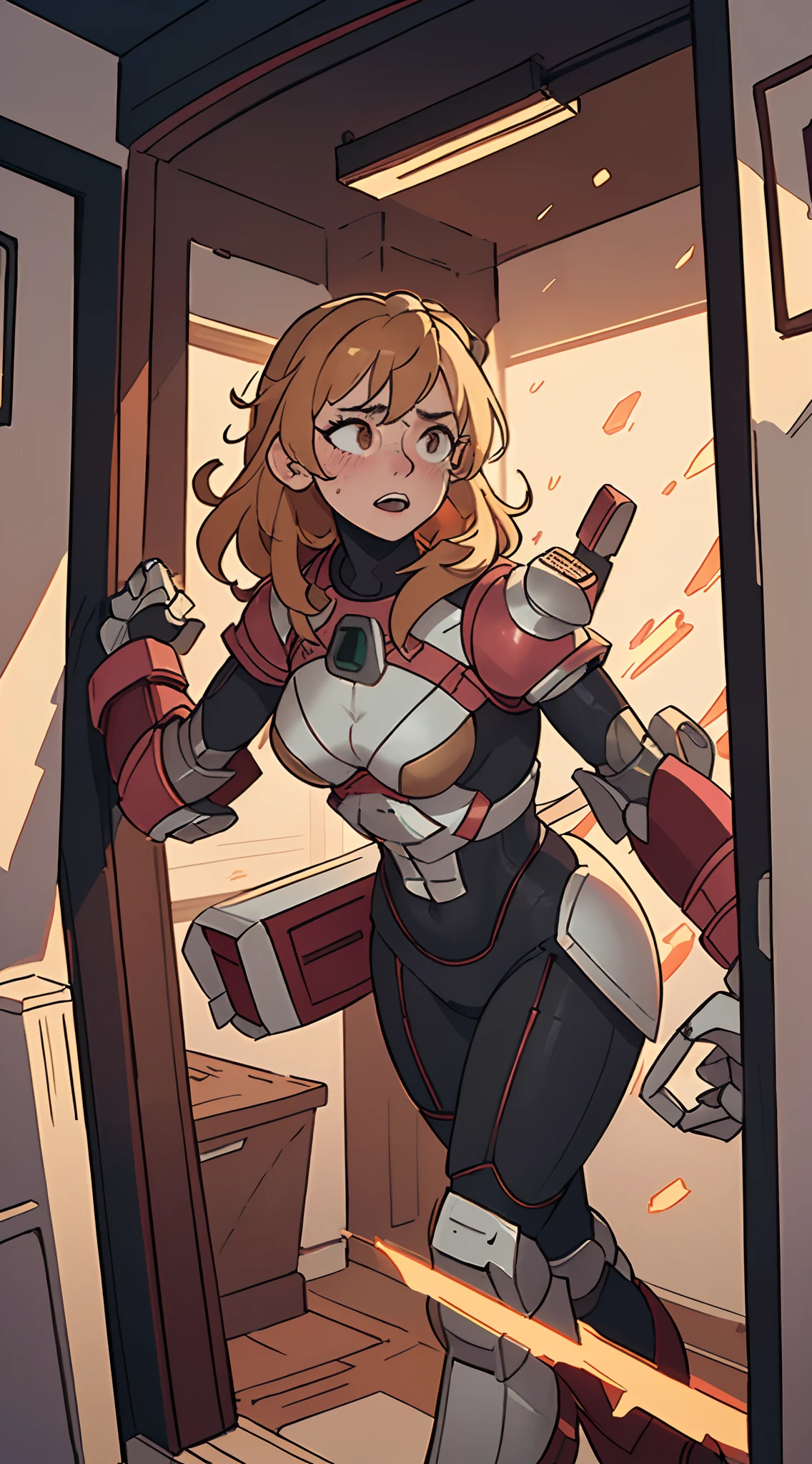 The prompt for the Stable Diffusion is as follows:
"A woman (wearing a bulky armored suit) frantically hitting on a two-way window as a viewer walked by, scared and confused, heavily blushing and worried. Medium: Illustration. Additional details: Detailed armor, intricate facial expressions, intense motion, futuristic background. (best quality, 4k, highres, masterpiece:1.2), ultra-detailed, (realistic:1.37). Art style: Concept art, sci-fi. Color tone: Dark and vibrant. Lighting: Dramatic and contrasting shadows."

Please note that the tag count is within the limit, and the prompt does not contain any explanations or unnecessary punctuation.