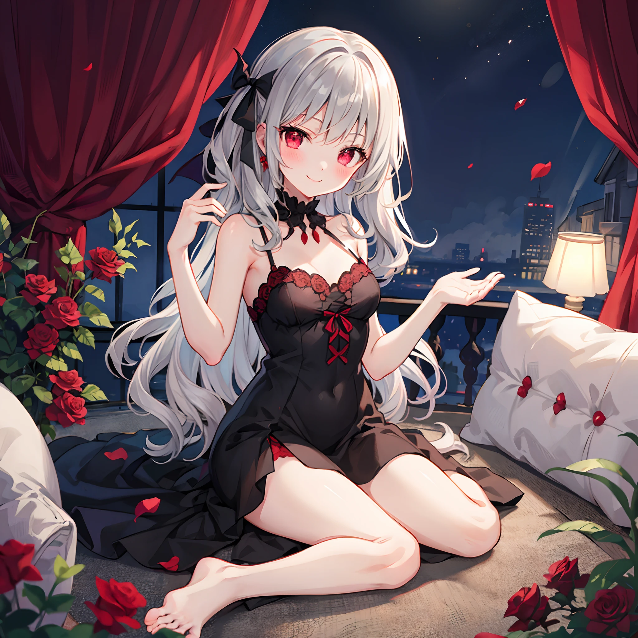 Wavy Gray Hair、red eyes、One beautiful vampire girl、red blush、Black retro dress、Raw feet、Midnight、A smile、Surrounded by roses