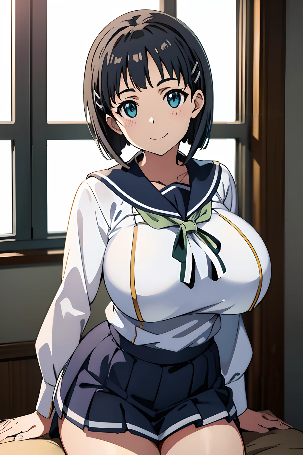 huge tits, Naoha Kirigaya(sword art online), 1girl, bob hair, hairclip, ​masterpiece、top-quality、white sailor school uniform、huge tit、A sexy、school、dynamic angle, view at camera, smile