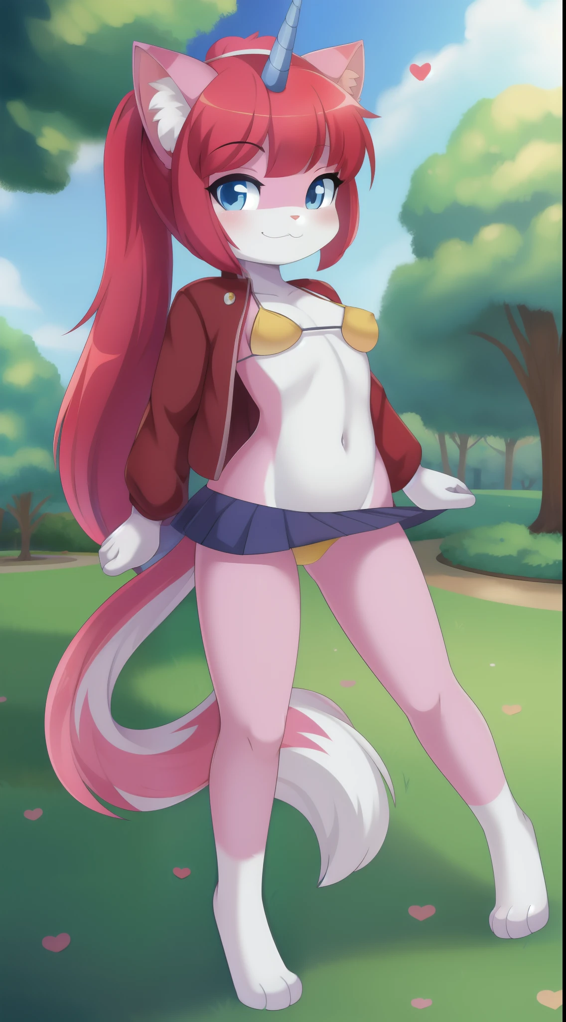 furry girl, young, cat, red hair, Knight bangs hairstyle, long ponytail, anime style, medium breasts, blue eyes, red jacket, open clothes, yellow bikini, purple skirt, princess crown, park, clear Sky, high quality, detailed body, detailed eyes, detailed face, masterpiece, glistening body, detailed body fur, best quality, two tone body, pink fur, clear pink fur, paws whit three toes, skinny, sassy face, :3, unicorn horn, heart eyes,