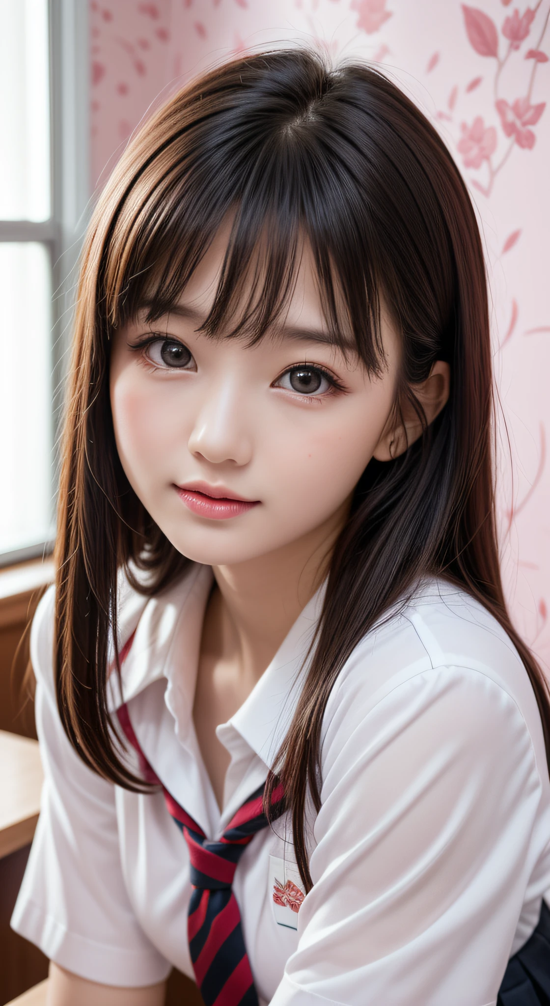 (1girl), Amazing face and eyes, (big round eyes:1.15), (extremely detailed beautiful face), (school uniform, pleated mini skirt:1.3), (school uniform with open breasts:1.2), (Best Quality:1.4), (Ultra-detailed), (Ultra realistic, photo-realistic:1.37), beautiful fair skin, extremely detailed CG unified 8k wallpaper, raw photos, professional photograpy, cinematic lighting, school, classroom, sitting, Staring at me, (Cute pink wallpaper), ((warm white lighting)), ephemeral and fragile, Adorable,