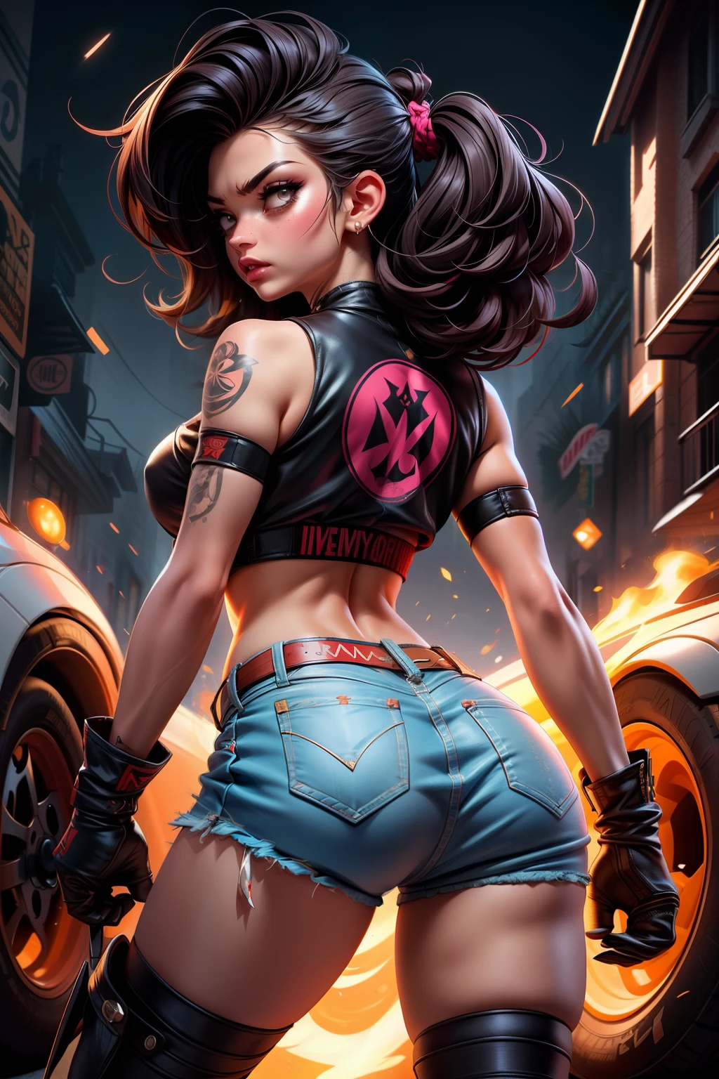 high quality, masterpiece, mouna badass outfit, badass hairstyle, fighting pose, angrylook, sparking background , street punk, showing clevage, nipple poke,back pose, seeing viewers