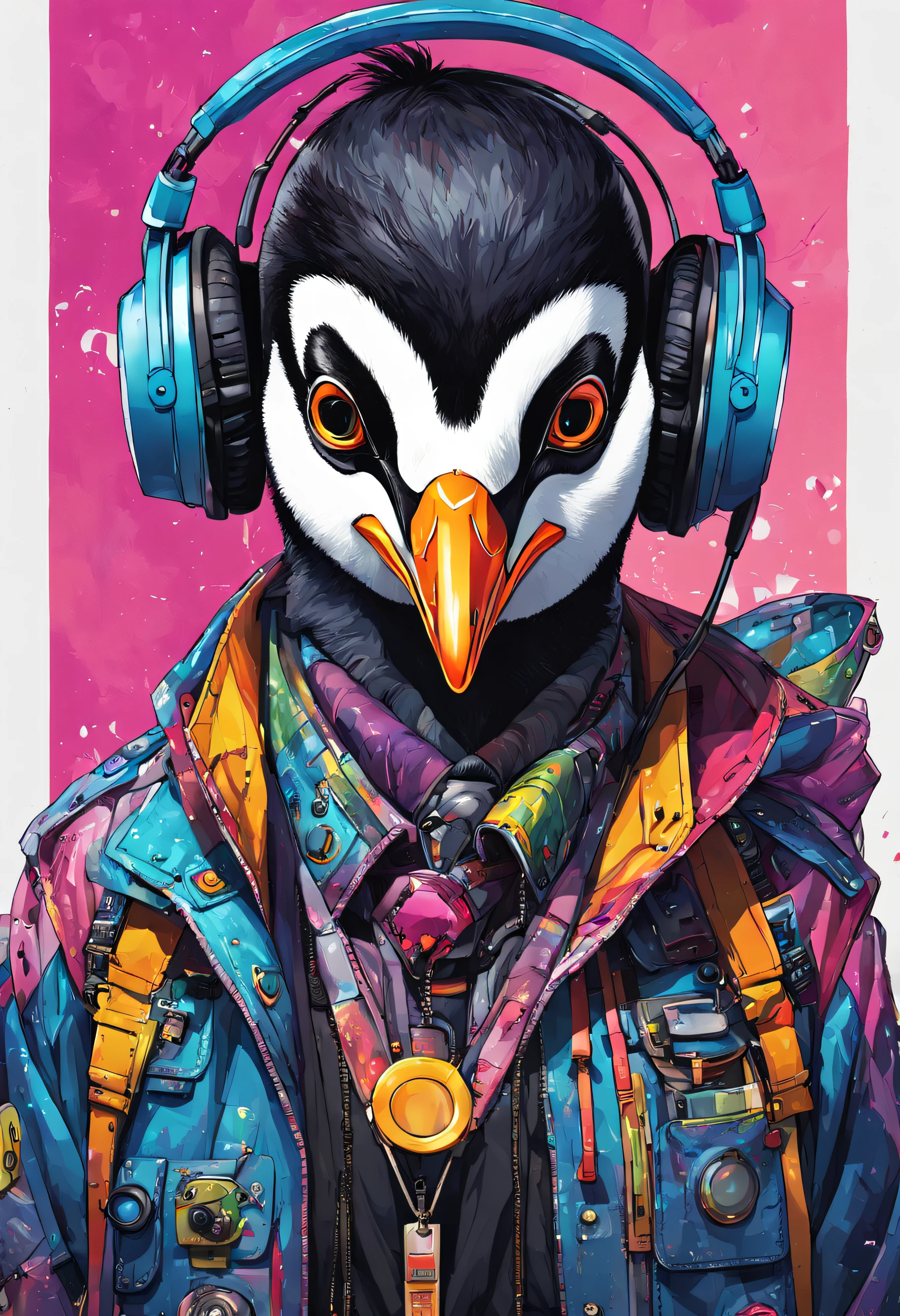 Top image quality、masterpiece、illustratio、Colorful color scheme、the complex background、Tethered to the machine、cyberpunked、((Anthuro Penguin))、Wearing headphones、soio