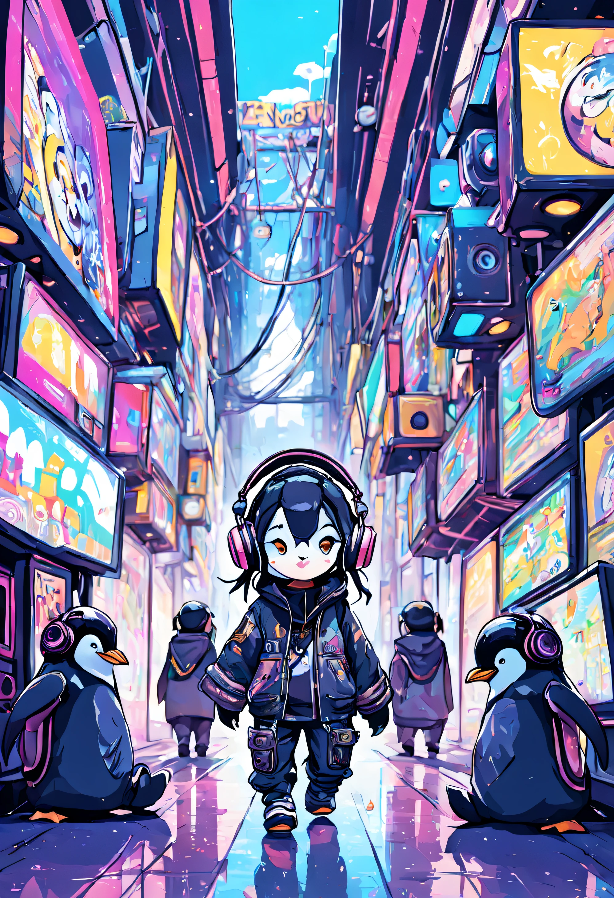 Top image quality、​masterpiece、illustratio、(((penguin)))、Colorful color scheme、the complex background、Tethered to the machine、cyberpunked、Wearing headphones、soio