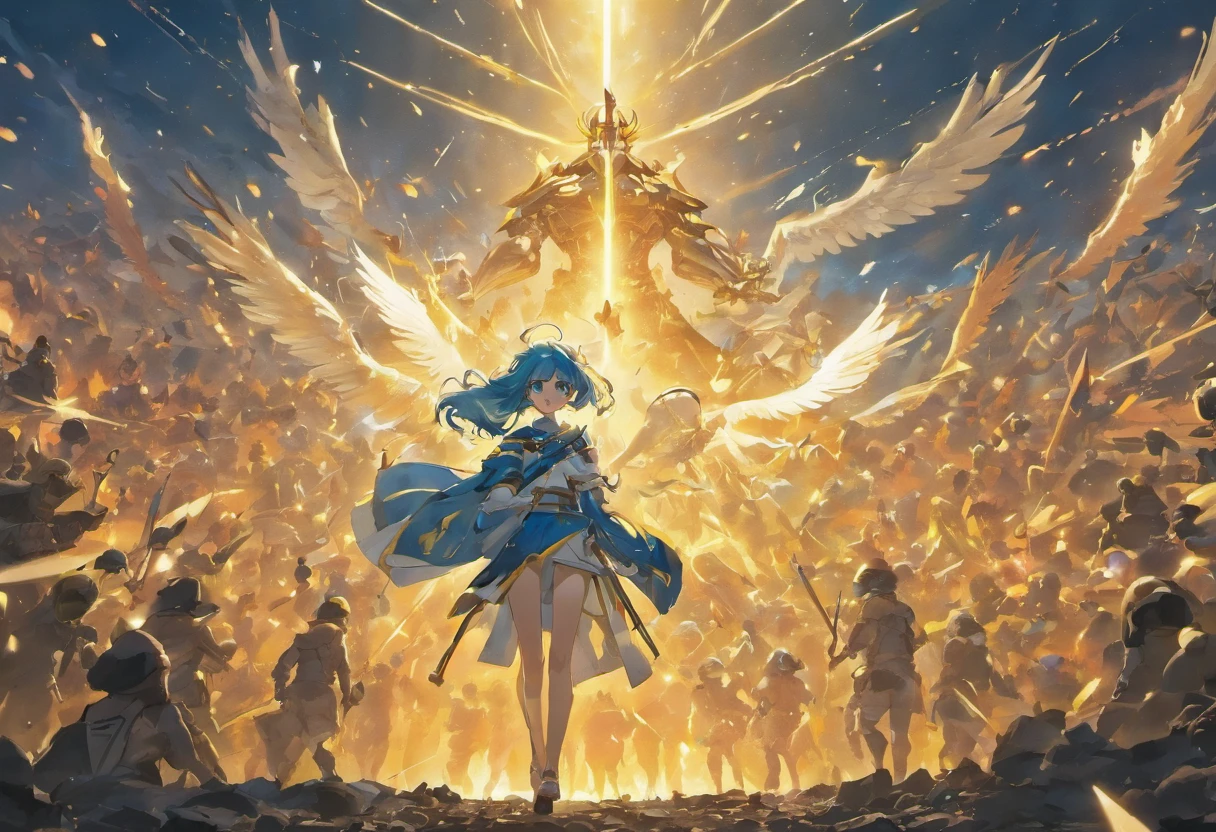 View from behind of brave Israeli defense forces marching against army of ugly and cruel demons, Angels fly and follow IDF soldiers from above , Israel flags , Blue and white, Modern army, Tactical equipment, art demonstrates victory of Good against evil, Apocalyptic Battlefield , Masterpiece, award winning artwork, Dramatic, Best quality, 4k, wide picture, high resolution