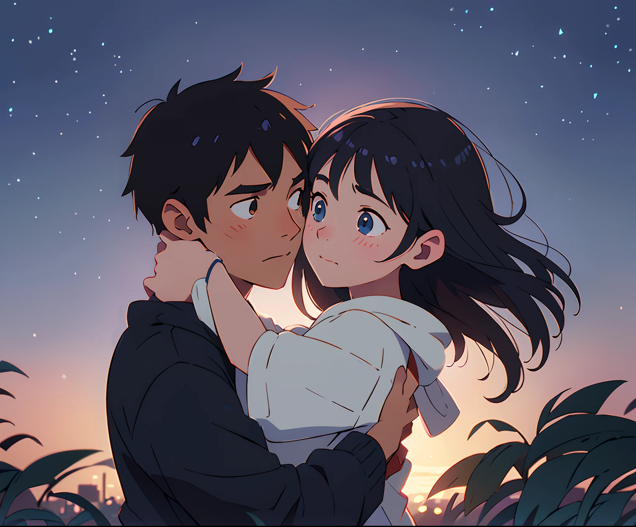 Wallpaper inspired by Your Name movie by Makoto shinkai. Starry sky, masterpiece, black silhouette, perfect anatomy, romantic, Kimi no na wa, extremely detailed faces. Cute faces, perfect faces, masterpiece, 4k, Sweet couple, boy and girl, guy and girl, softly cuddling, blushing, in love, Your Name style, kimi no na wa, starry sky, cuddles, black silhouette, shadow, hugging from behind, soft sweet gazes, love