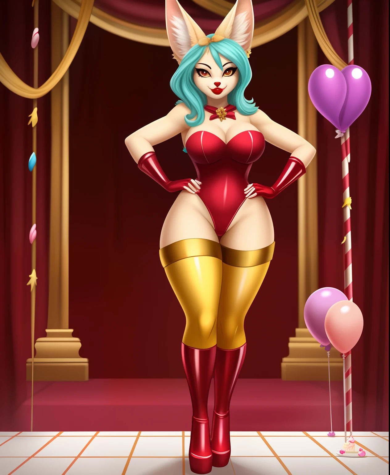 Miss Sweet the female fennec supervillain, cake themed costume, sprinkles, cake icing hair, red lipstick, full body view