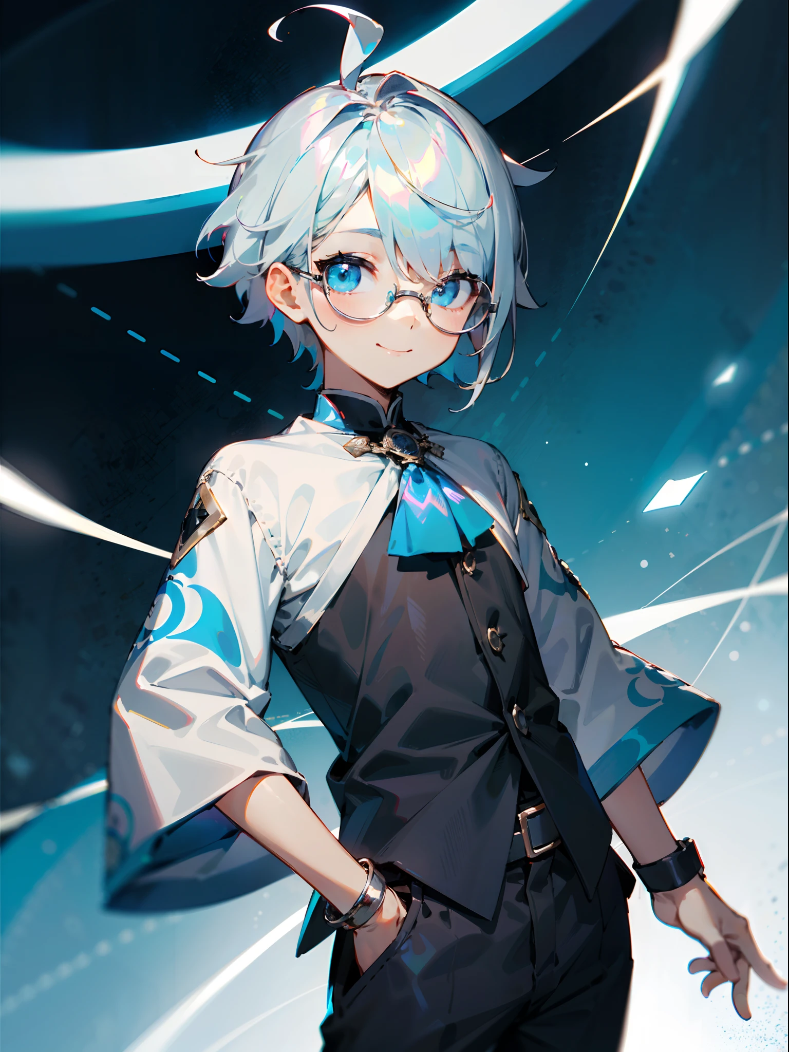 (Male , eye glasses,blue eyess，A smile, silber hair)，独奏、Iridescent background、Leader Model Pose