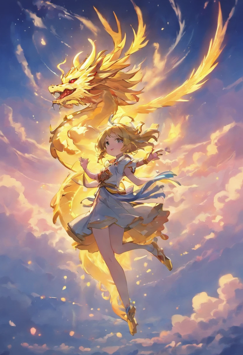 Cute golden dragon in the sky, Cloud, piso, vento, flores da primavera, lanterna vermelha, fundo colorido, extremely high quality, Full-HD, happy dragon, 2023, 。.。.....3d, extremamente colorido, Beleza do anime, extremamente colorido, colorful illustrations, Aquarelas((master part))), illustration