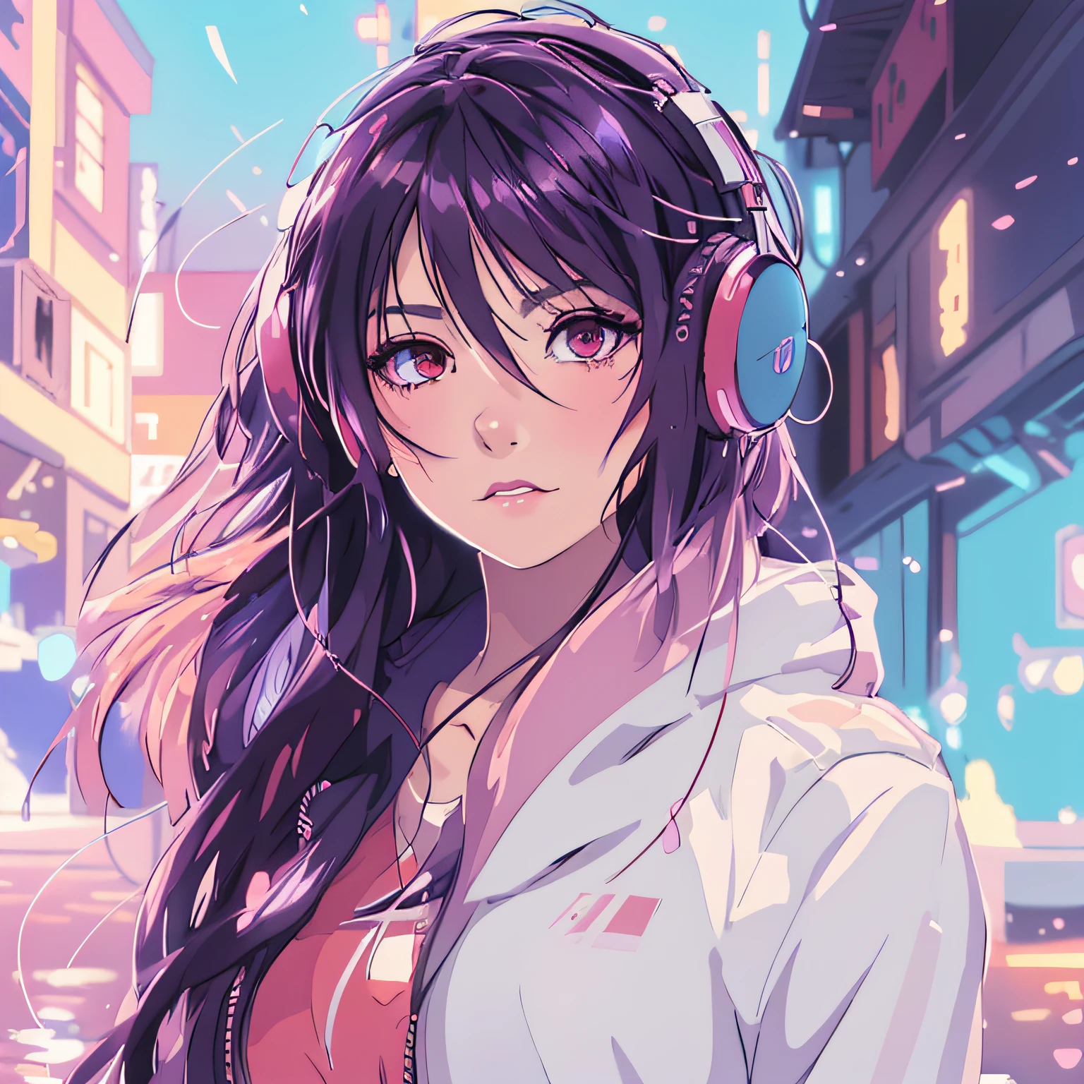 Anime girl with headphones in the rain, anime style 4 k, artwork in the style of guweiz, Beautiful Anime Portrait, digital anime illustration, digital anime art, Anime style. 8K, Portrait Anime Girl, ArtGerm. Anime Illustration, anime art wallpaper 4k, anime art wallpaper 4k, Detailed Digital Anime Art, cyberpunk anime girl in hoodie