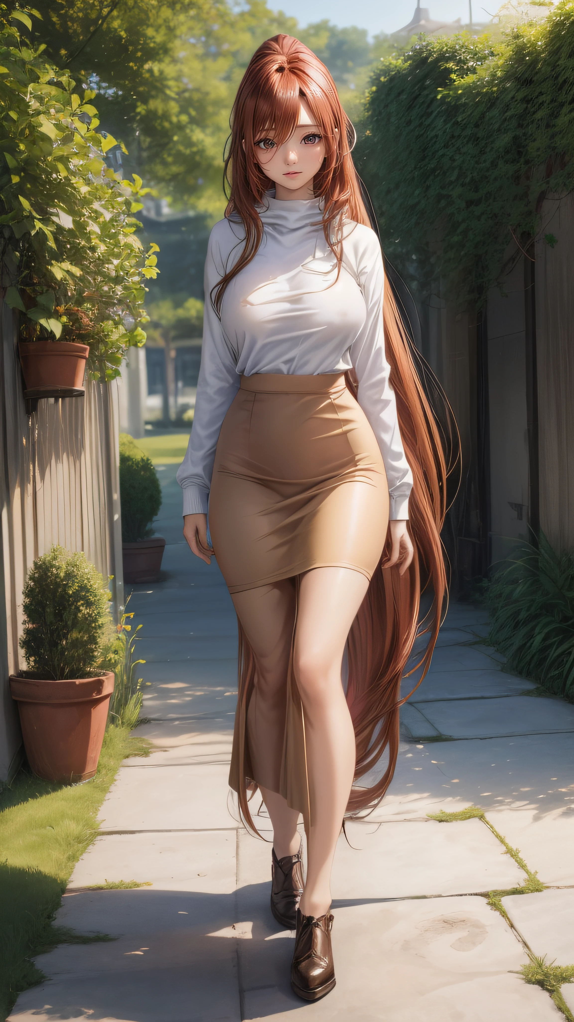 (from below),((1girl:1.5),curvy,,beautiful breasts,(large breasts),pale skin,erect nipples),((realistic),high resolution,best quality,masterpiece,(Sense of presence:1.5),(((Dynamic,bold))))),(((extra long High ponytail),(straight hair),Swept bangs,(extra light coppery red hair),(hair over one eye),hair blowing in the wind)),((clothed:1.5),baggy pullover hoodie,(very long tight skirt:1.5))