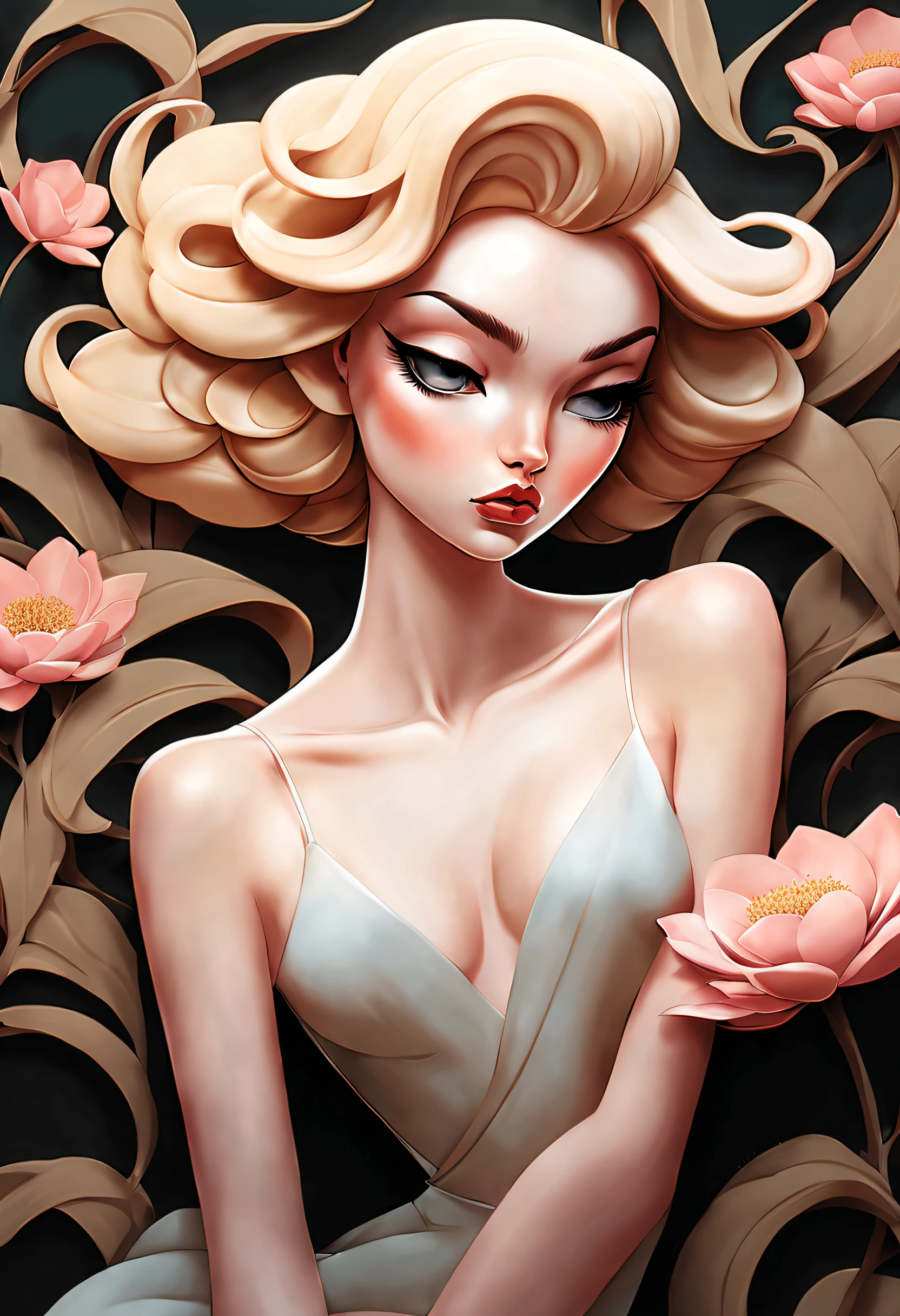 chiaroscuro technique on sensual illustration of an elegant , retro and vintage ,silky flower around body, matte painting, by Hannah Dale, by Harumi Hironaka, extremely soft colors, vibrant, pastel, highly detailed, digital artwork, high contrast, dramatic, refined, tonal, golden ratio