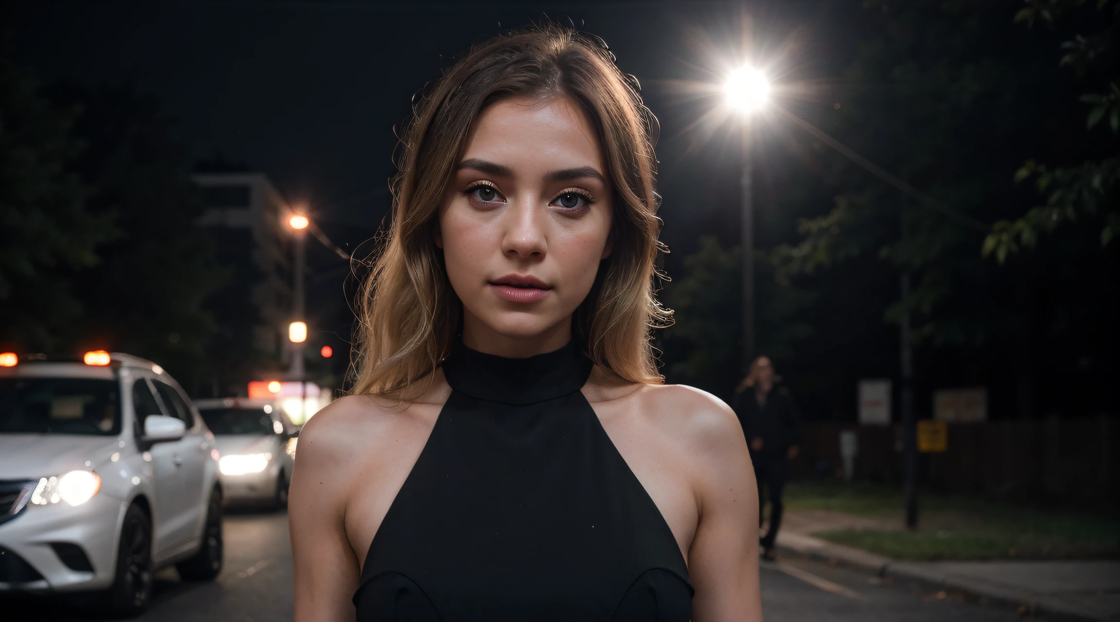 cinematic photography professional photography, create an image of a beautiful young woman of 26 years old, dark green eyes, blonde hair, standing, frontal pose, dressed in a black dress, headshot n-4 f1.8 hd wallpaper photography trend on instagram Award-winning photo 4k 8k detailed hyperrealistic cinematic photo beautiful volumetric lighting octane render unreal engine 5 rendered with nanite canon eos r3 fujifilm x-t 30 sony alpha gw 6 0 d mark iv lens flare dark lights. 35mm photography, film, bokeh, professional, 4k, headshot n -4 f1.8 hd wallpaper photography trending on instagram 4k award-winning photo 8 k detailed hyper-realistic cinematic shot beautiful volumetric lighting octane render unreal engine 5 rendered with canon nanite lens eos r3 fujifilm x - t 30 sony alpha gw 6 0 d mark iv dark signal lights. 35mm photography, film, bokeh, professional, 4k, highly detailed