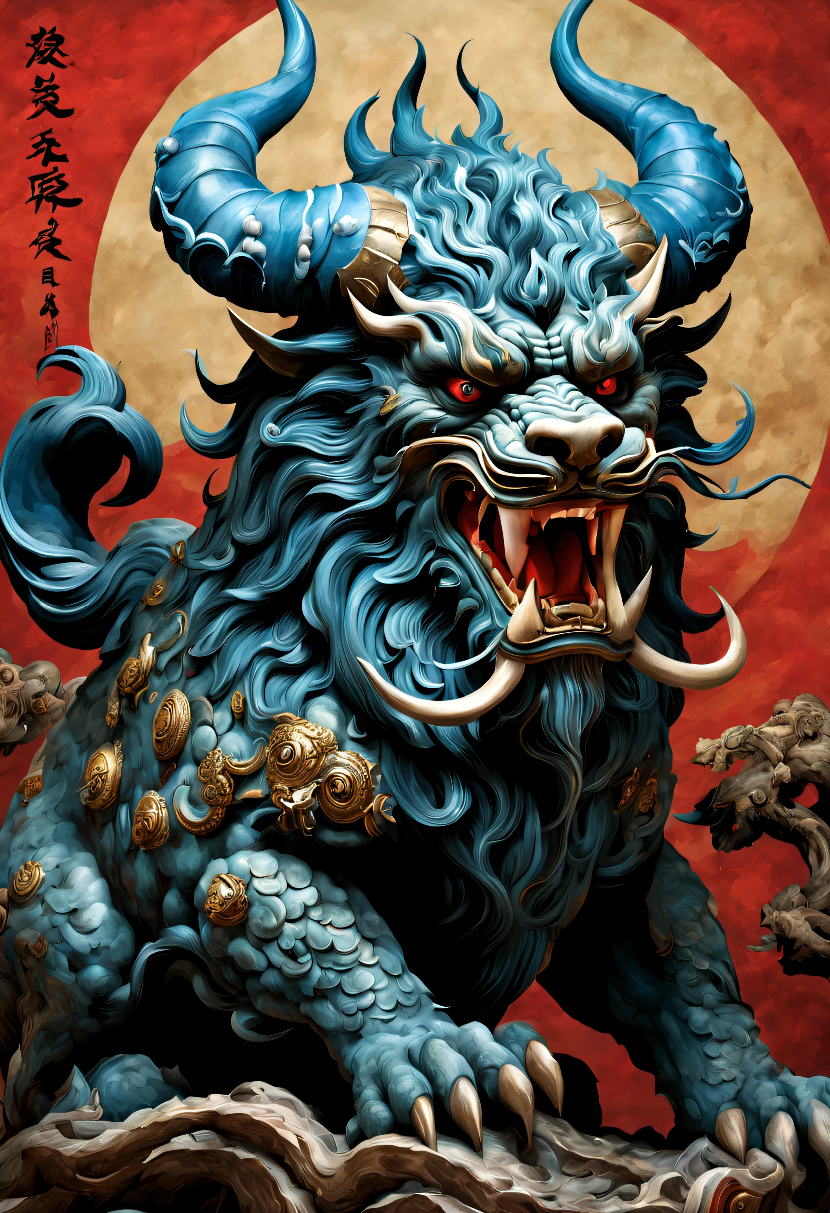 The name of the mythical beast: Diao Tuo
Myths and legends: It is one of the four famous fierce beasts in ancient Chinese mythology, There is extreme appetite and greed. It is often used to describe greedy people.
Appearance characteristics: Diao Tuo's appearance is usually depicted as a huge ferocious beast, has horns on its head, Open mouth, Protruding lower jaw, Wide distance between eyes. It looks fierce and powerful.Strong and huge body，Powerful，The body is surrounded by blue thunderbolts，Fine scales wrap the muscles in strength，Top-of-the-line protection is formed
Symbolism: Diuta represents endless desire and greed, It is a symbol of evil, chaos, and destruction. In ancient cultures, The image of Diao Tuo is often used to exhort people to be cautious, moderate and cautious.
Cultural applications: The image of Jituo is widely used in ancient Chinese art and architecture, Such as bronze vessels, pottery, Jade, and stone carvings, etc., And become an important element of traditional culture.
Modern cognition: In modern times, Tito is considered a cultural symbolic animal. Its images are used in various advertisements, logotype, and movies, A symbol that represents the pursuit of material pleasures and desires.