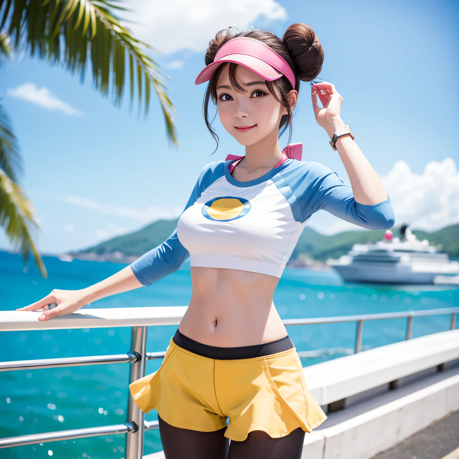 (masutepiece), Vivid, Vibrant colors, Fantasy, 1girl in, Elegant,  , Smaller cloth, Navel, Large breasts, visually stunning, Blurred background, Tilt Shift, matte painting, Bokeh,RO1, Hair bun, Blue eyes, Twin-tailed, Visor Cap, pantyhose, raglan sleeves, Yellow shorts, Shirt, pink bows, wrist watch, cruise ship, harbour, Sunny, Joy, piece sign, S.S. ann