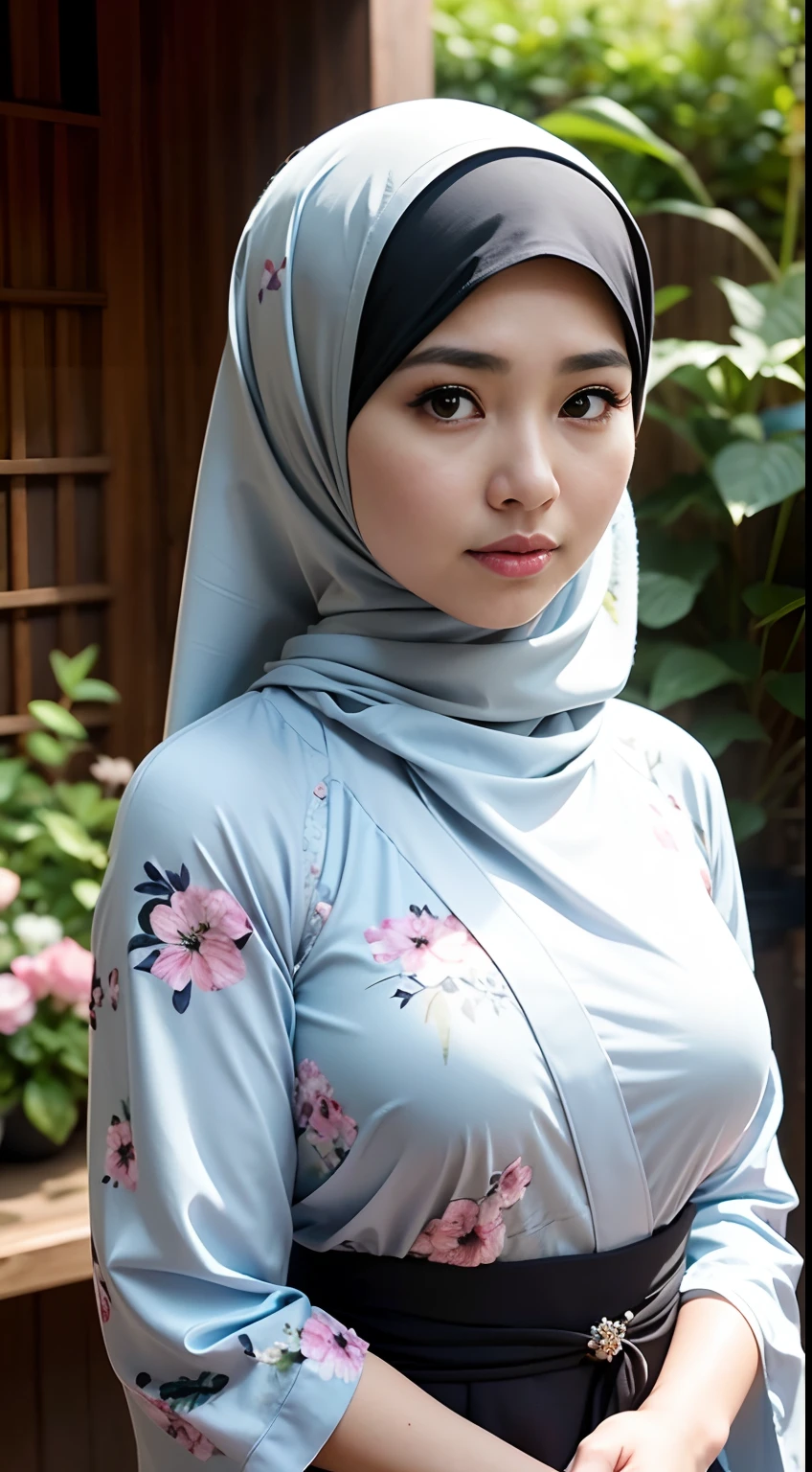 1 Malay Girl, Modern Plain Hijab, Shy, Medium Portrait, Watery Eyes, Seductive, sad face. lustful face, Mole Under the Eye, Wearing a kimono Dress with a Big Floral Pattern, Full Body Photo, Big Breasts, Looking at the Viewer, Facing the camera, flower garden background, bokeh, proportional body,