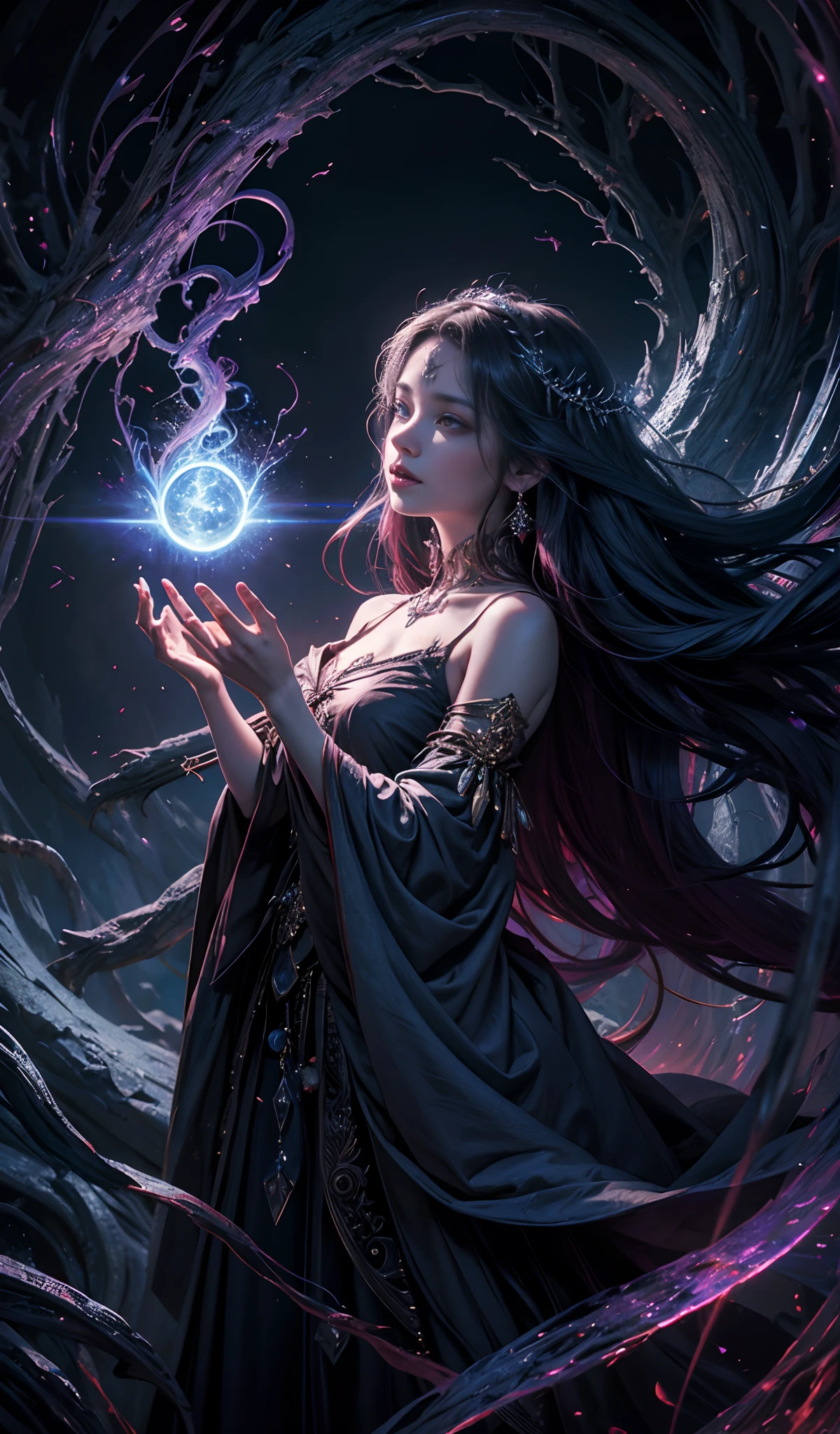 A powerful wizard girl, standing in a mystical house. Their flowing robes adorned with symbols, arms outstretched, eyes glowing with arcane energy. As her incantation escapes her lips, vibrant, swirling patterns of dark magic manifest in the air, pulsing in shades of red and blue. Enchantment permeates, causing flowers to bloom and creatures to marvel. Threads of magical energy dance, revealing hidden realms, unlocking secrets. Capture the essence of this enchanting moment, bringing the mystical power of dark enchantment to life on screen in the highest quality and detail. Best quality, masterpiece, ultra-high resolution (photorealistic: 1.4), raw photo, sharp focus, HDR, detailed skin.