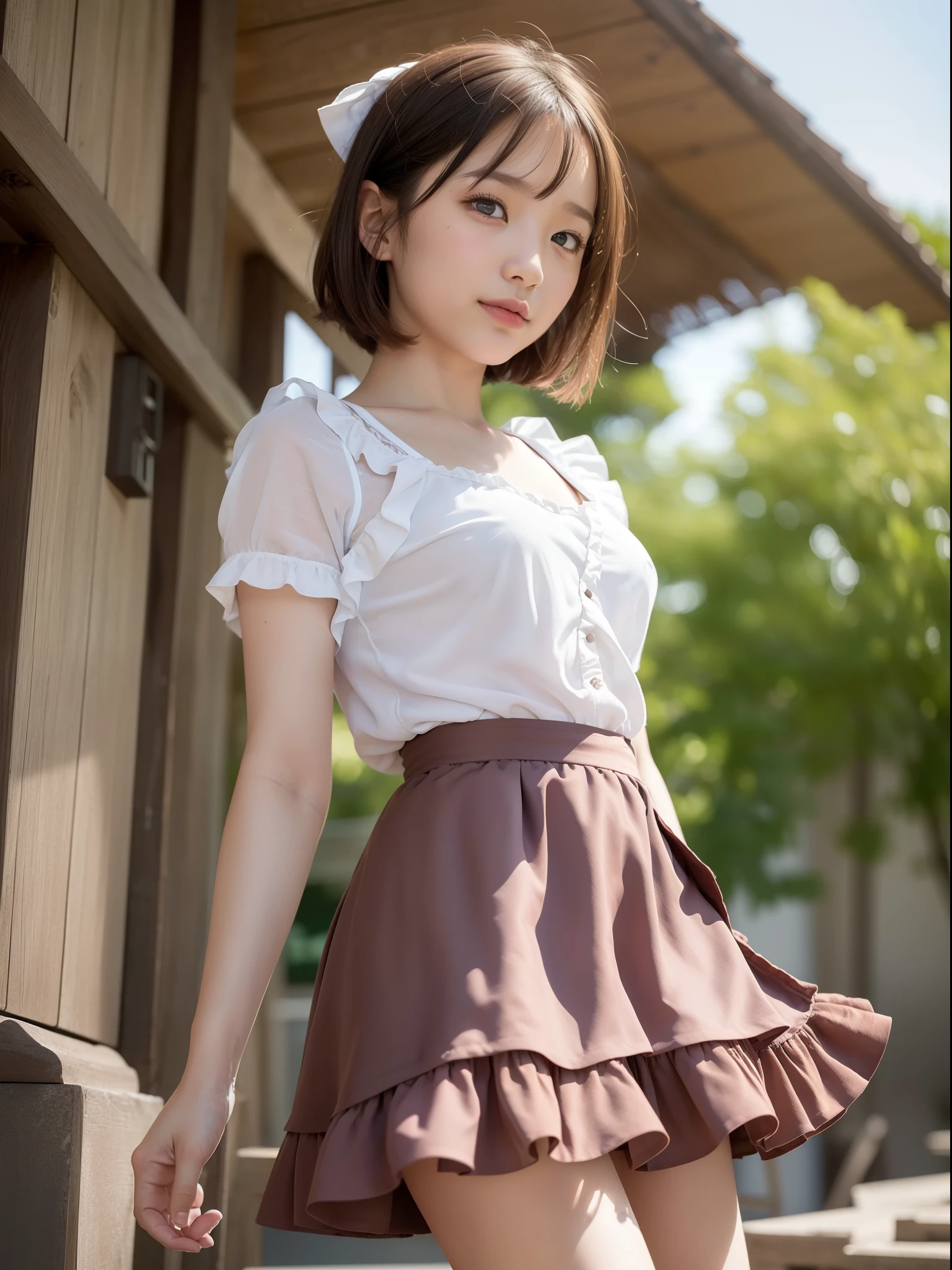 ((of the highest quality, 8K, masutepiece: 1.3, Raw photo)), Sharp Focus: 1.2, (1 AESPA Girl :1.1), Solo, (Realistic, Photorealistic: 1.37), (Face Focus: 1.1), Cute face, hyperdetailed face, (short messy hair: 1.2), Small Smile, Small breasts, flat chest, nude, (dirndl: 1.5), ((ruffle-skirt, multilayer-skirt):1.32), from below, wind, Thigh, cafe, bar, lily