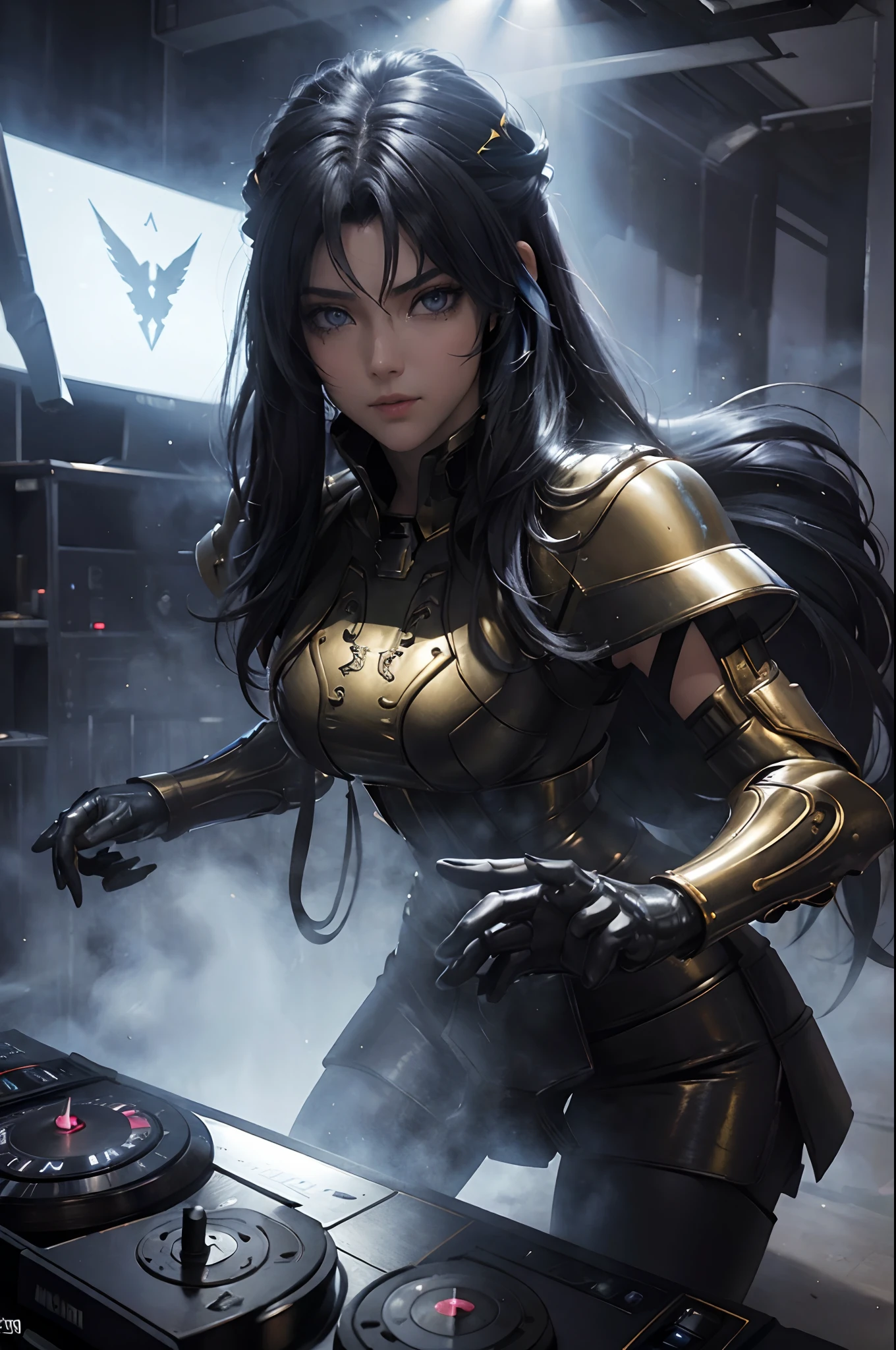 (8k, La mejor calidad, Obra maestra:1.2) una chica saint seiya gemini con pechos muy grandes y cola grande muslos hechizantes cuerpo completo y cola grande com pantyhose Ojos azules y cara extremadamente detallados,hermosos ojos ultra 4k detallados,Light on the face tocando una consola dj con ariculares puestos en una fiesta eletronica cyberpunk, Tendencia de octanaje cyberpunk dark fantasy 8K, fondo de fiesta eletronica