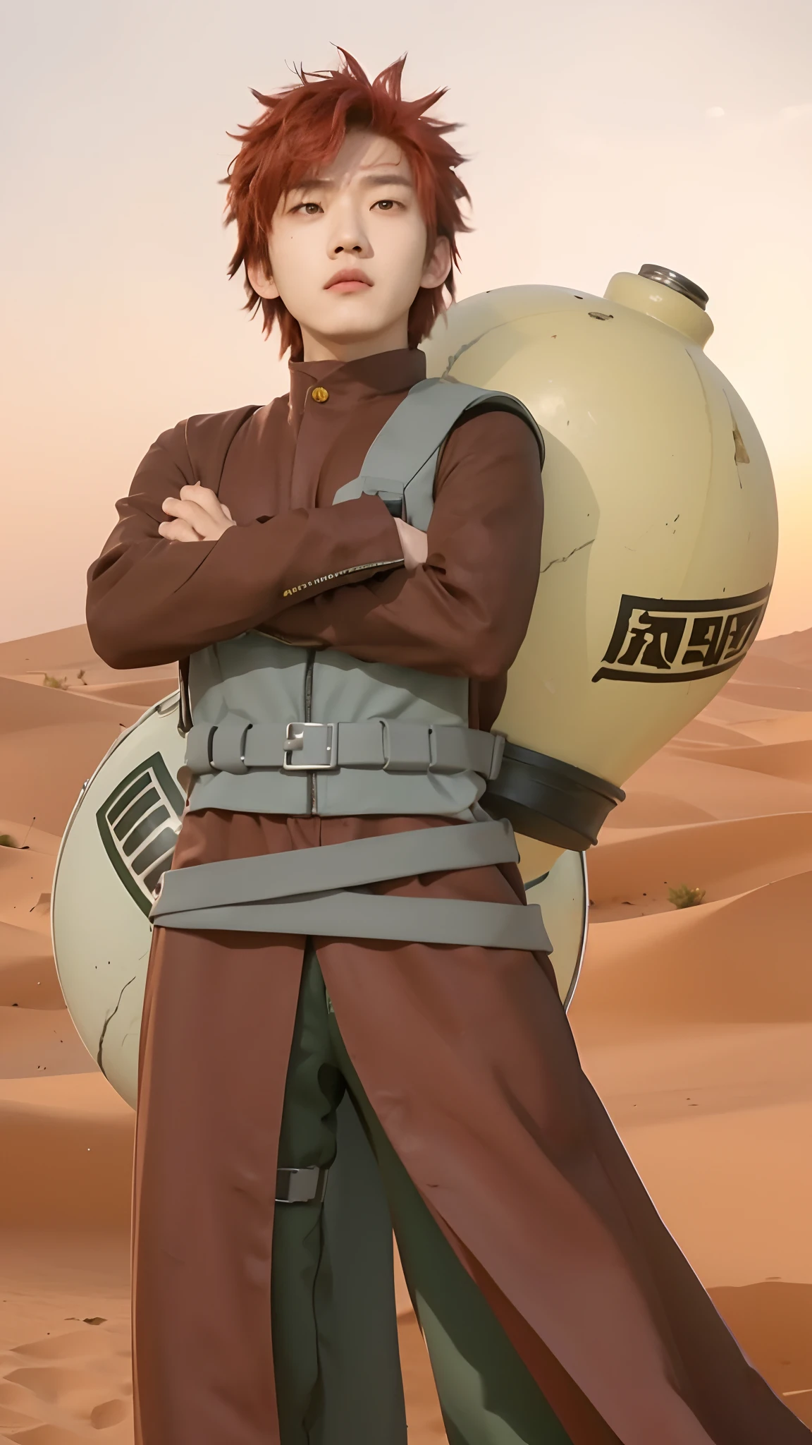 Real life adaption of this character, korean teen handsome man face, angry expression,realistic same red hair,(realistic same outfit),there is A large clay jug on the back, realistic desert background, hyper realistic, realistic light, realistic shadow, realism,(photorealistic:1.2), looking to viewer