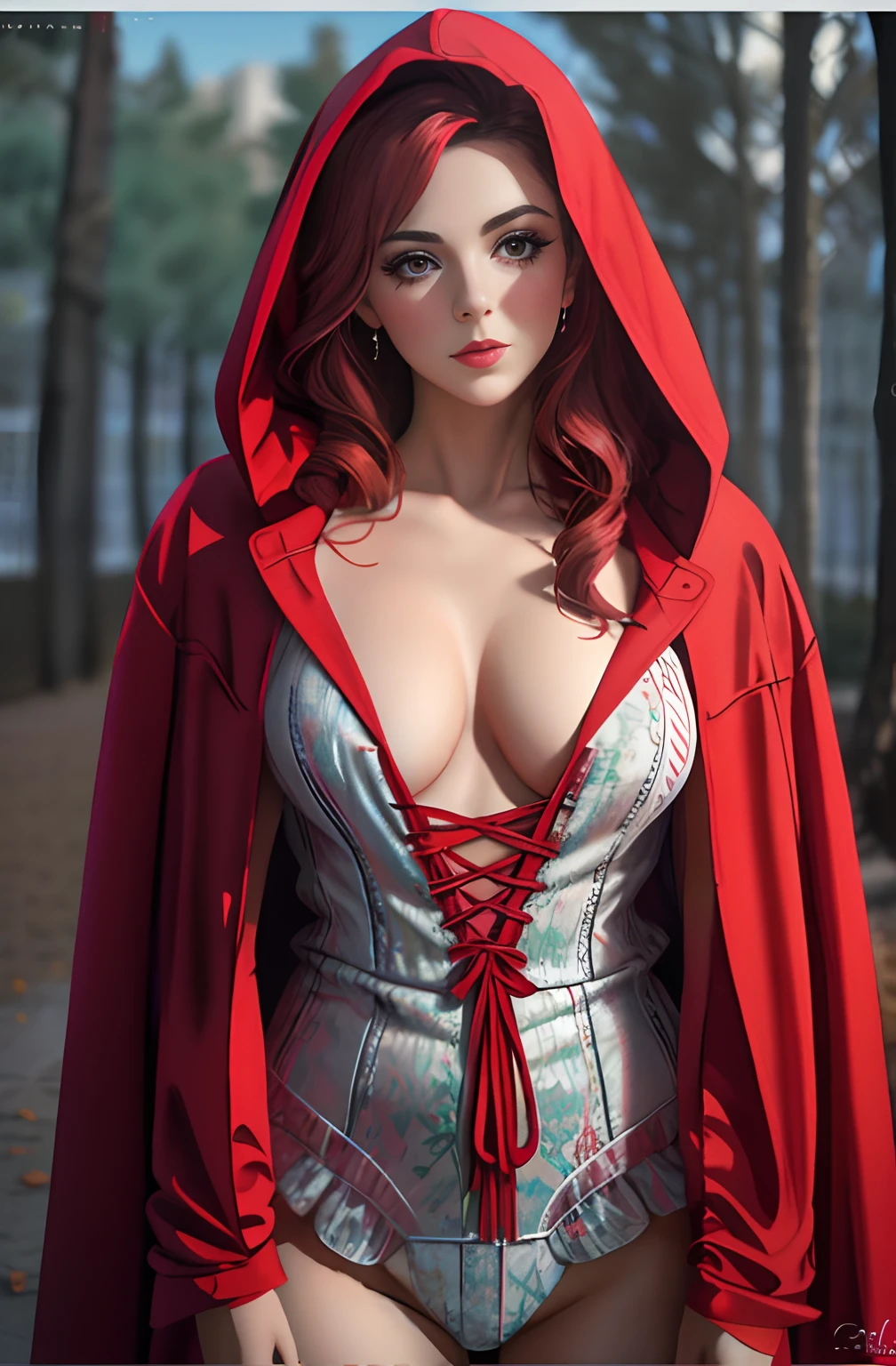 Un primer plano de una mujer con una capa roja y un body, Alena Aenami y Artgerm, vestido con una hermosa capa roja, better known as amouranth, Amouranth, thief red riding hood, Caperucita Roja, Capuchas rojas, inspirado por Magali Villeneuve, capucha y capa, Caperucita Roja, cosplay realista