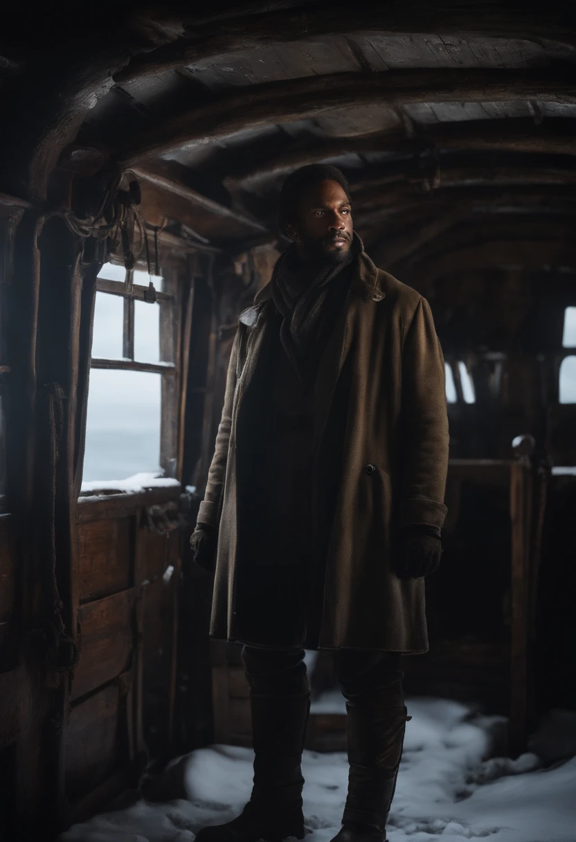 crew, mourir de froid, Standing inside an old ship in the middle of the sea. The boat was covered in snow, Conjure up a desolate, eerie atmosphere. The crew's expression is stoic and solemn, As if frozen in time. Details of his face, Y compris ses yeux, nez, and lips, Beautiful with details, Capture the essence of his struggle in challenging environments. The medium used to depict this scene is an oil painting, Add depth and texture to the image. Lighting is low, Projeter une longue ombre，Enhance the mysterious and haunting atmosphere. The overall image quality is of the highest level, With ultra-detailed features and realistic keys. La couleur est douce et froide, Highlight the icy nature of the surroundings. The prompt sums up the tragic story of this crew member，And invite Steady Diffusion to bring this scene to life with its advanced African Man Image Generation capabilities