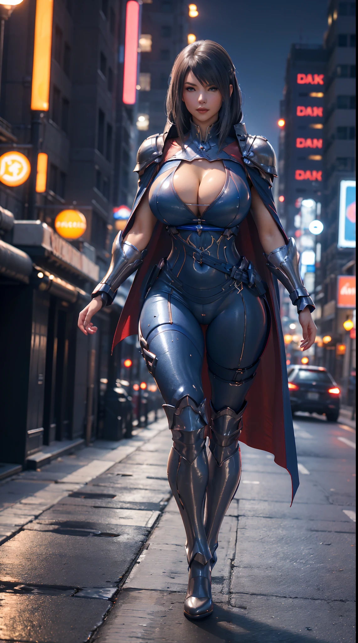 1GIRL, SOLO, (ssmile, makeup, beautifull eyes, red libs), (HUGE FAKE BOOBS:1.3), (GUARD ARM), (white, dark-blue, FUTURISTIC MECHA ARMORED, ROYAL CAPE, CLEAVAGE, SKINTIGHT YOGA PANTS, HIGH HEELS:1.3), (NSFW MUSCULAR BODY, SEXY LONG LEGS, FULL BODY:1.3), (LOOKING AT VIEWER:1), (WALKING DOWN ON STREET NIGHT CITY:1.3), PHYSICALLY-BASED RENDERING, ULTRA HIGHT DEFINITION, 8K, 1080P.