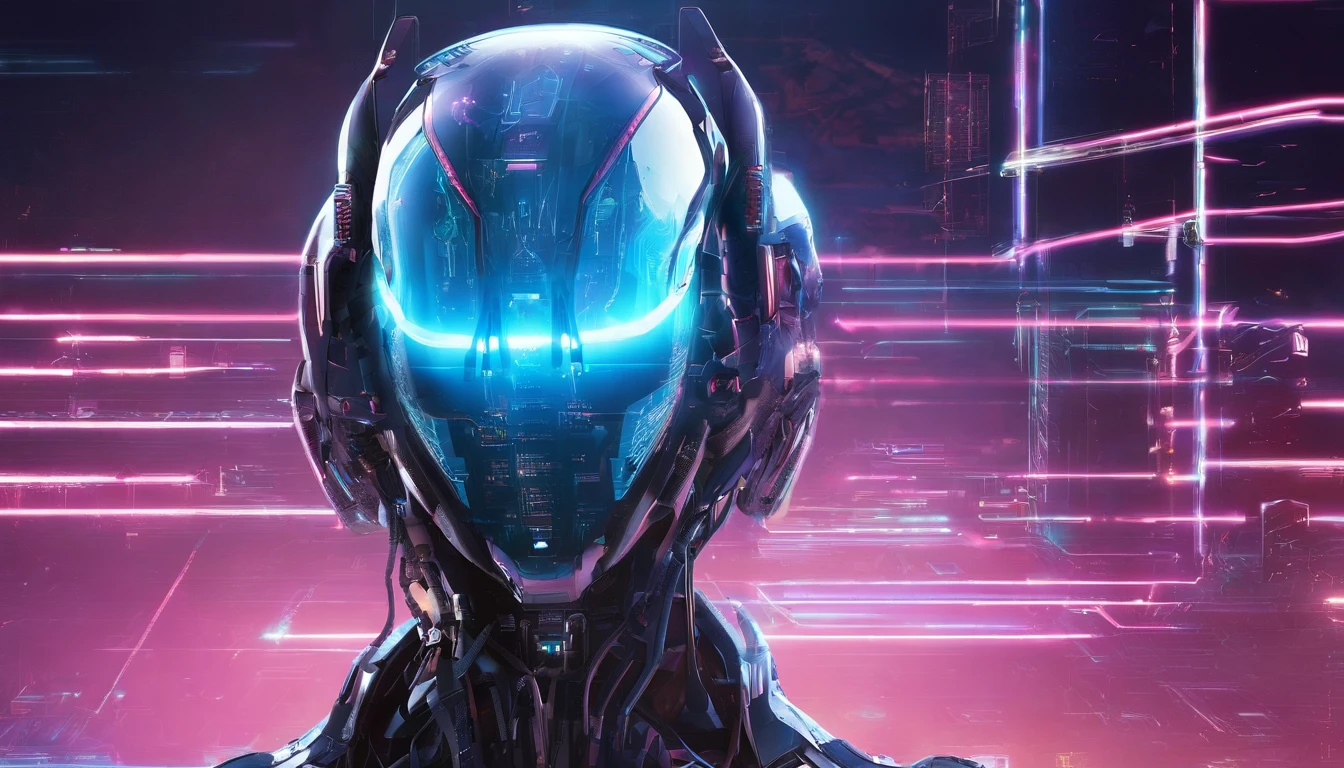 (male protogen),Cyberpunk,Cabos,cores claras,Wires sticking out of the head, Mechanicalgirl,olhos brilhantes,metallic surface,display digital,Advanced technology,Futuristic,neon lights,electromagnetic field,bordas afiadas,design simplificado,Organismo Digital,Biomechanicals,Atmosfera misteriosa,viseira de vidro,sentidos aprimorados,energetic pose,invisible circuits,holographic projections,fios coloridos,ciborgue macho, Monitores