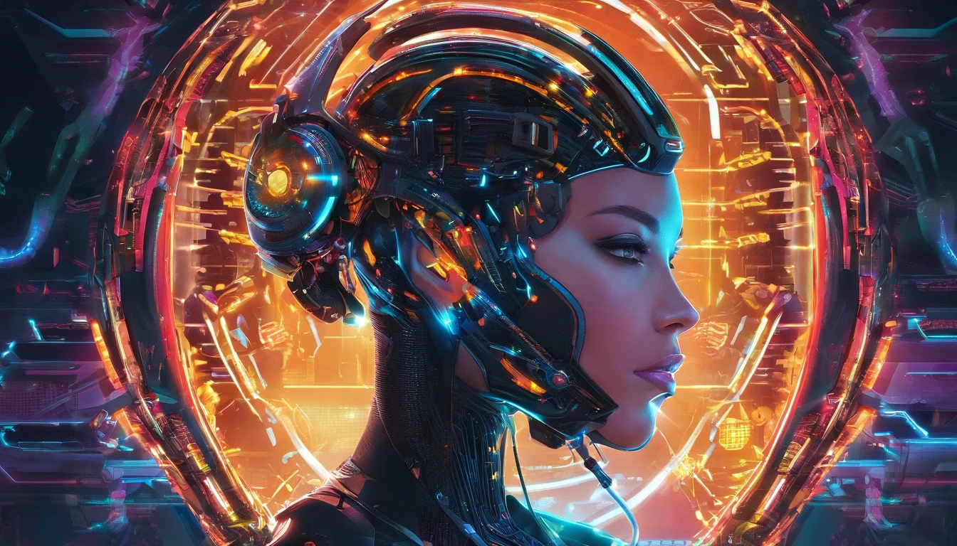 (male protogen),Cyberpunk,Cabos,cores claras,Wires sticking out of the head, Mechanicalgirl,olhos brilhantes,metallic surface,display digital,Advanced technology,Futuristic,neon lights,electromagnetic field,bordas afiadas,design simplificado,Organismo Digital,Biomechanicals,Atmosfera misteriosa,viseira de vidro,sentidos aprimorados,energetic pose,invisible circuits,holographic projections,fios coloridos,ciborgue macho, Monitores