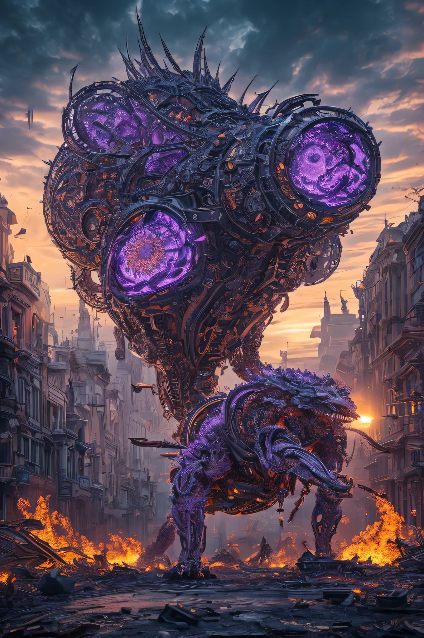 giant biomechanical creature colored tick releases purple gas from its dark gray upper part thick scaly skin very small head has pustules with purple liquid on its upper part has a gas sprayer from which purple gas comes out, it is in a city destroyed in flames, ultra realistic , Ultra detailed, Hyper realistic, 4k, Ultra detailed image, realistic, Highly detailed, perfect composition, beautiful intricately detailed incredibly detailed, 8K fine art photography, hyper detailed, Masterpiece