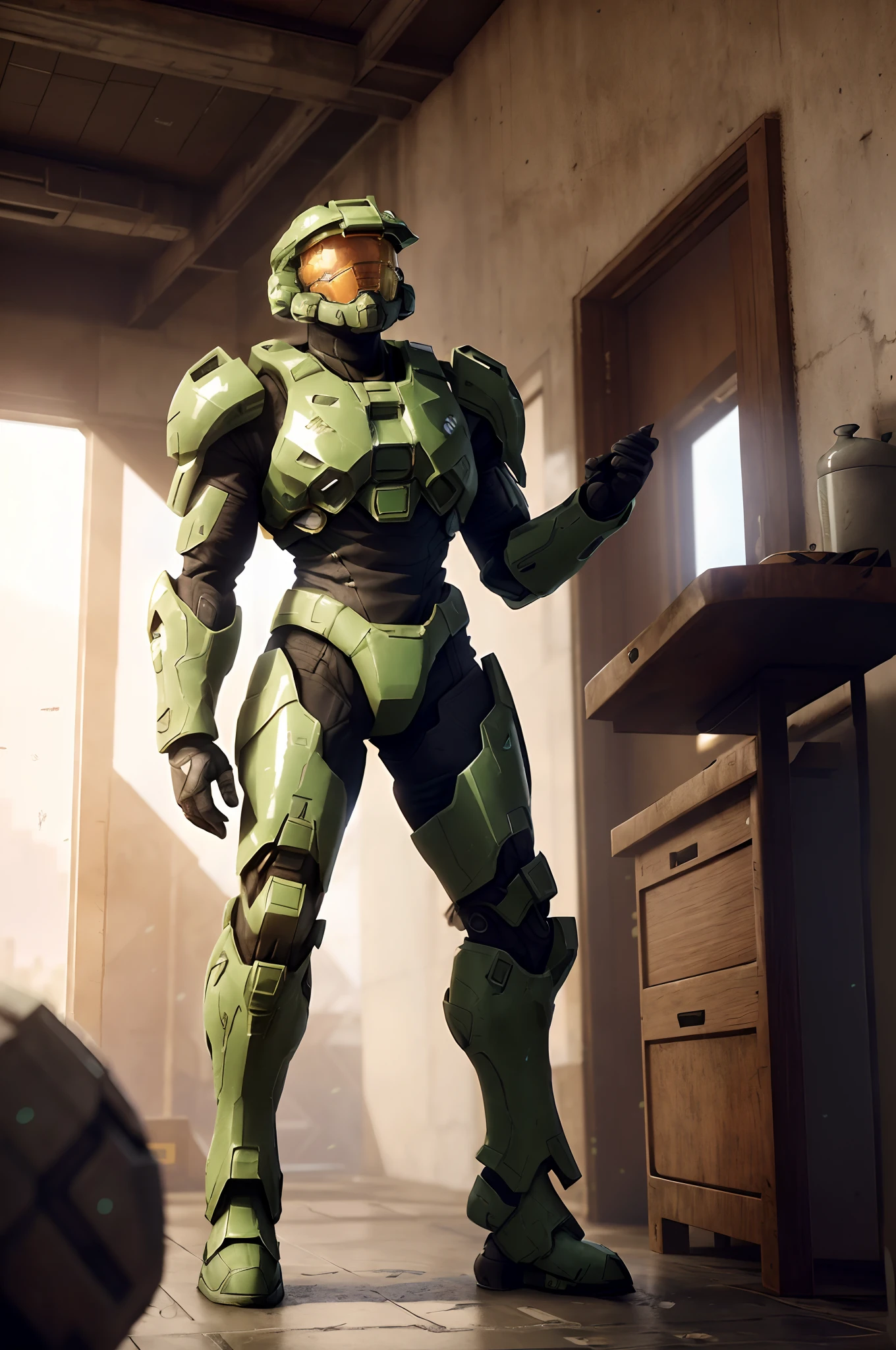 arafed man in a green suit standing in a room, mjolnir armor from halo infinite, master chief, master chief from halo, halo master chief, halo. octane render, adam driver as master chief, halo infinite!!, halo infinite, hq 4k wallpaper, rendered in rtx, master chief in cyberpunk city, hq render