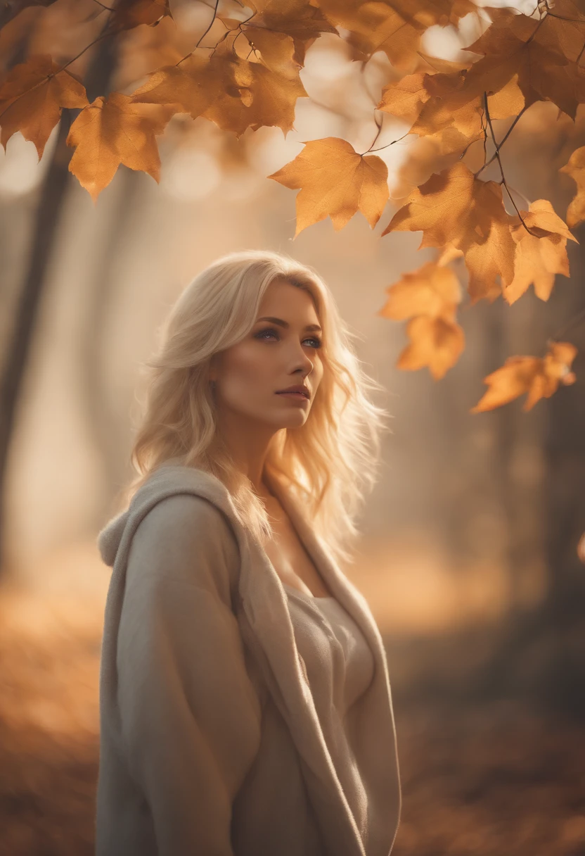 (High Detail:1.2)Anime Woman,minimal clothing,whiplash curves,blonde hair,36D big cup,(Cinematic Lighting,Delicate Colors),(Falling Leaves:1.2), Calm Lighting, Wind, Fog