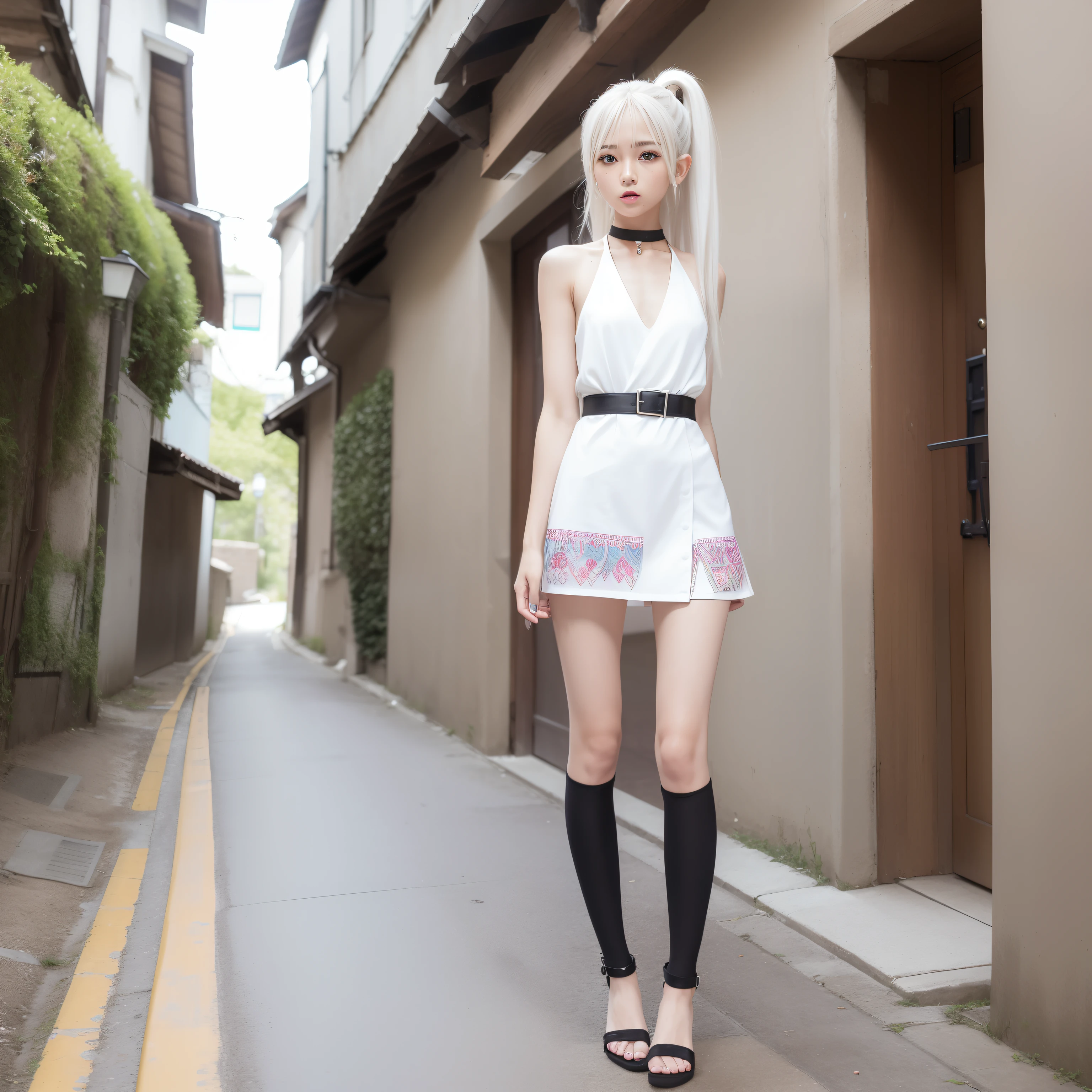 20 years girl,masutepiece , Best Quality,Nahida(GenshinImpact) ,very slender body,tiny chest,Skinny Legs,Long hair ,Side Ponytail, Hair Ornament ,Street, White hair , White hair , hand behind head:1.5,multicolored hair, elf ,Skinny Legs,smil,Tsundere,