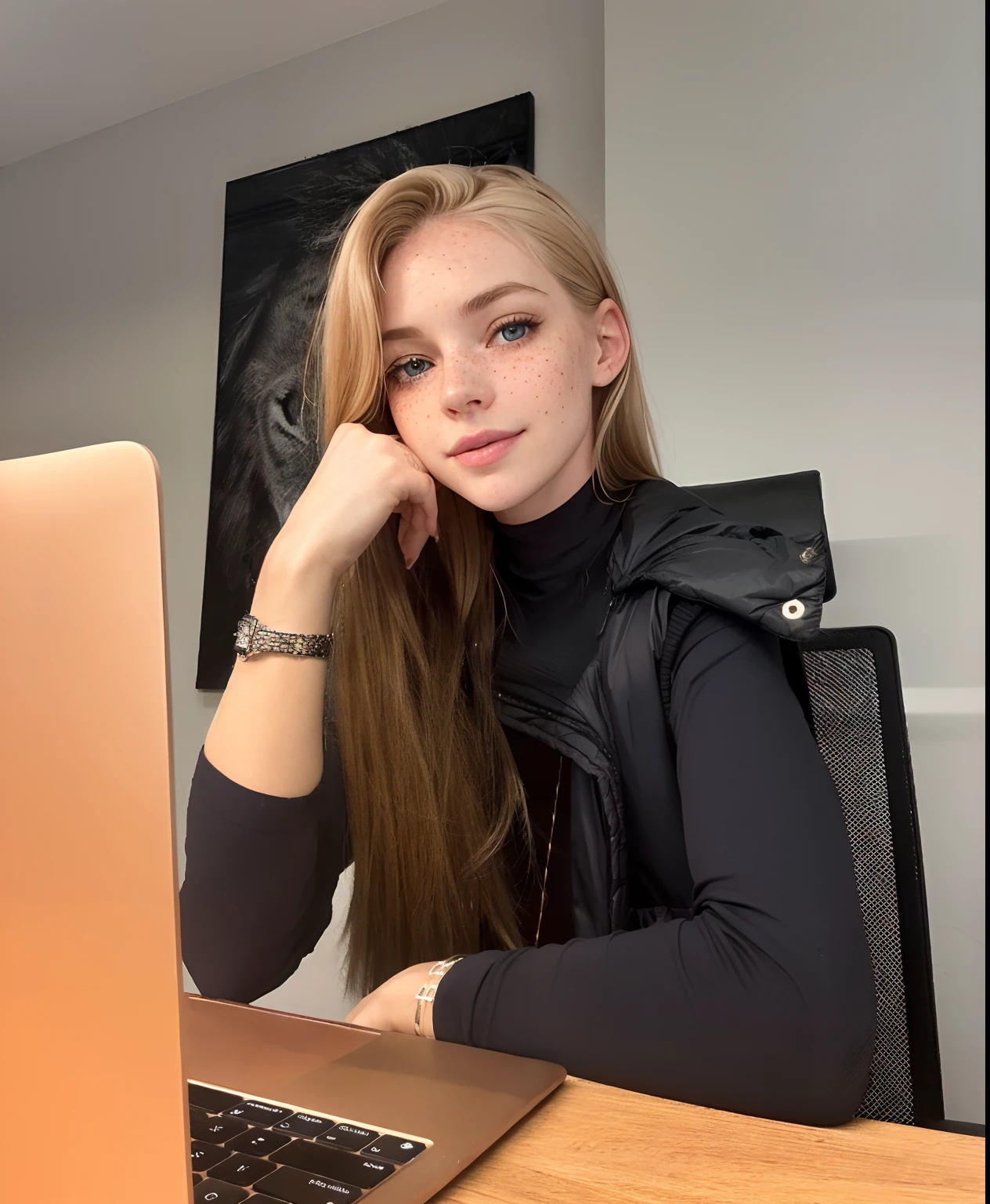 Rosto de uma mulher, americana, 25 anos, pale skin and freckles, olhos cinzas, nariz delicado, soft and delicate lips, cabelo blondie cinza longo e ondulados, sorriso meigo,