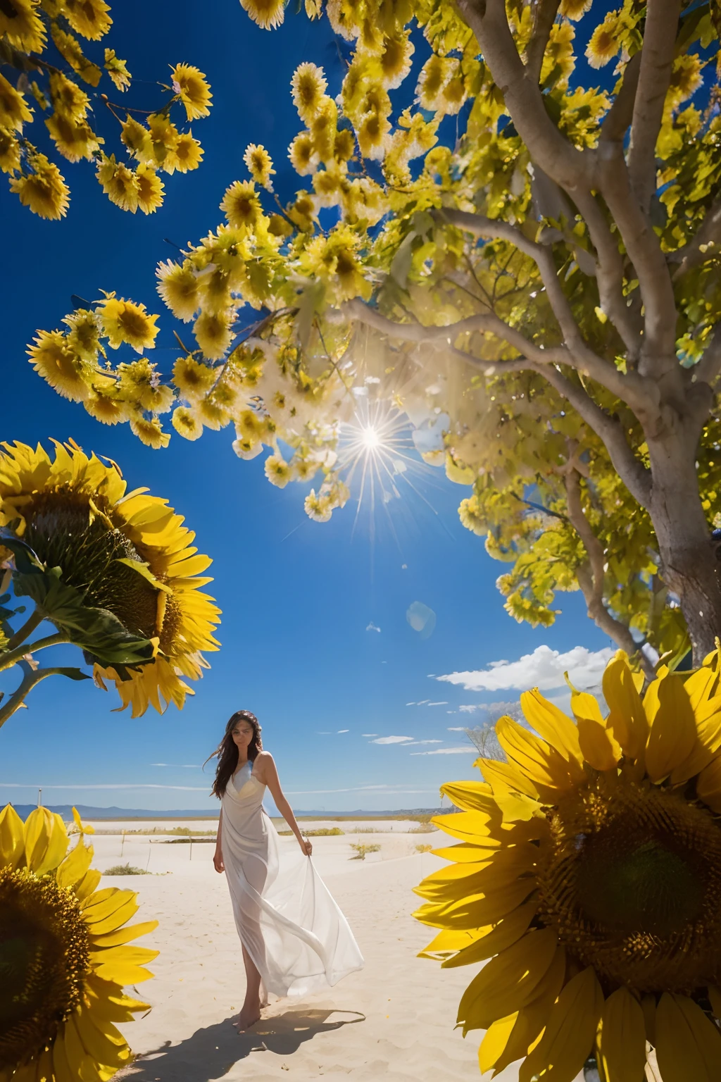 A woman wearing sheer gossamer stands under the towering sunflower tree, her gaze fixed on the intricate patterns of the branches above. The bright white sands beneath her feet seem to glow in the warm sunlight, while the endless blue sky stretches out above her. The scene is bathed in a golden light, as if the sun itself has bestowed its 24k blessing upon this tranquil moment.