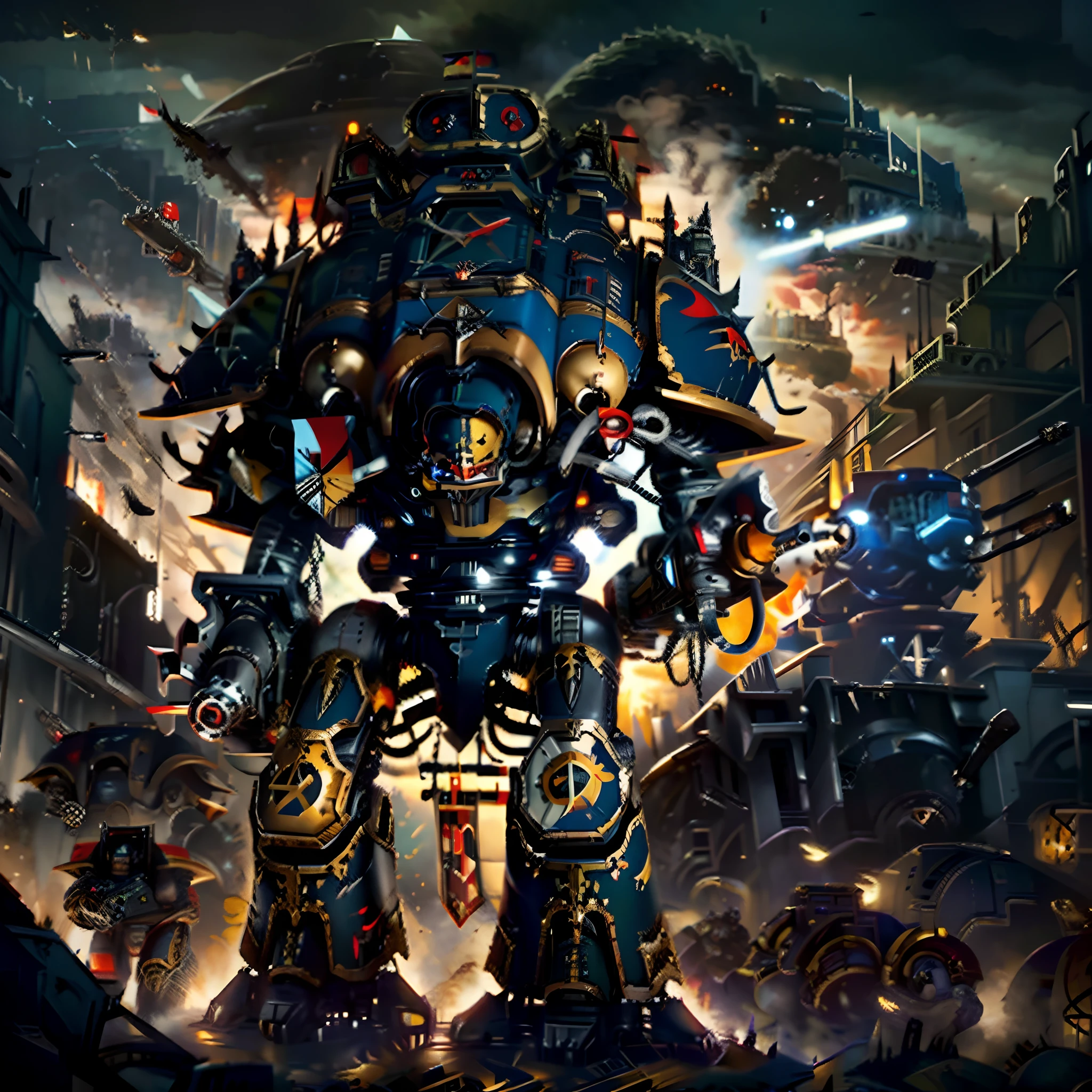 Titan, Warhammer 40k,huge gattling gun,jet black armour,red visors, destroying everything, absolutely stunning art, highest quality digital art, highest resolution