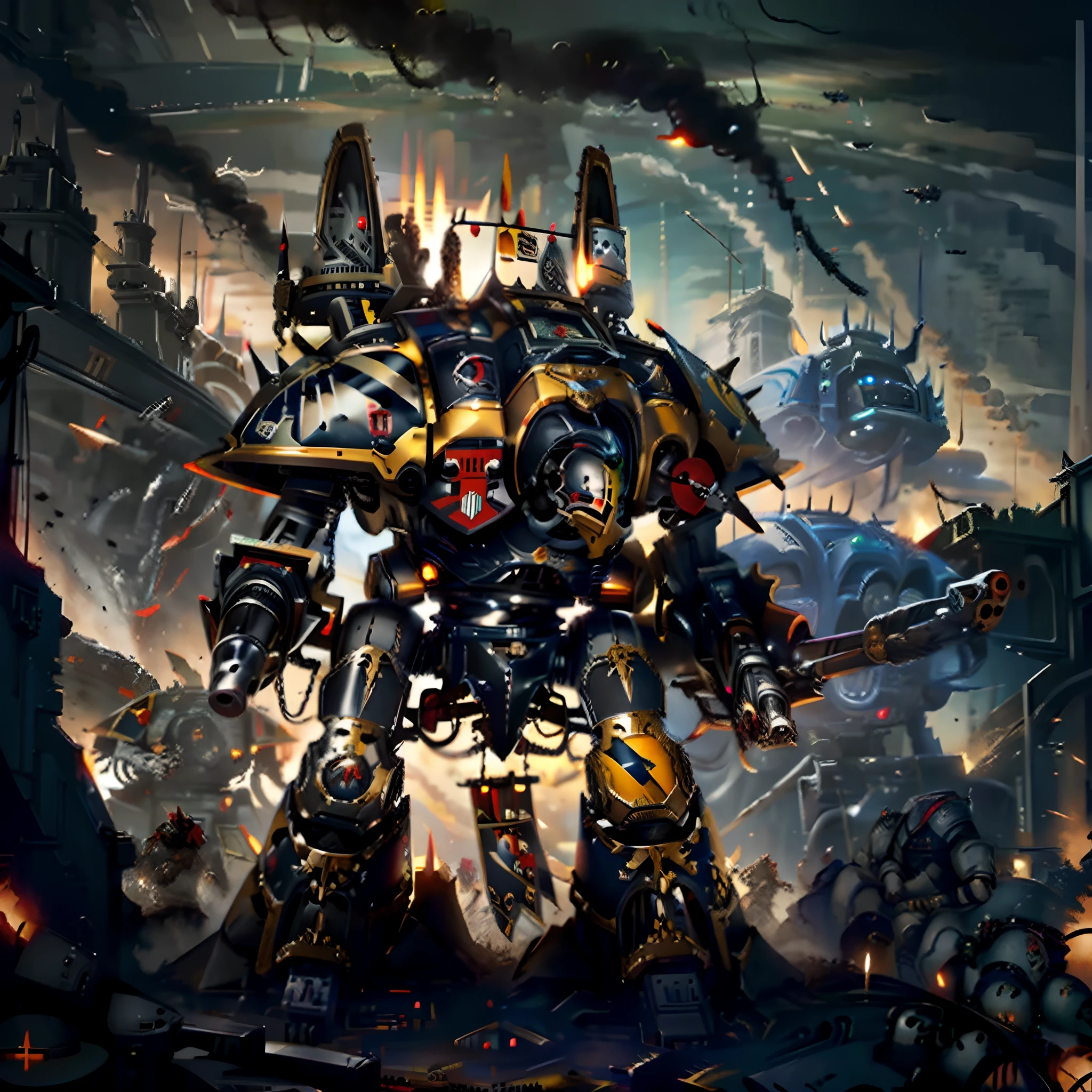 Titan, Warhammer 40k,huge gattling gun,jet black armour,red visors, destroying everything, absolutely stunning art, highest quality digital art, highest resolution