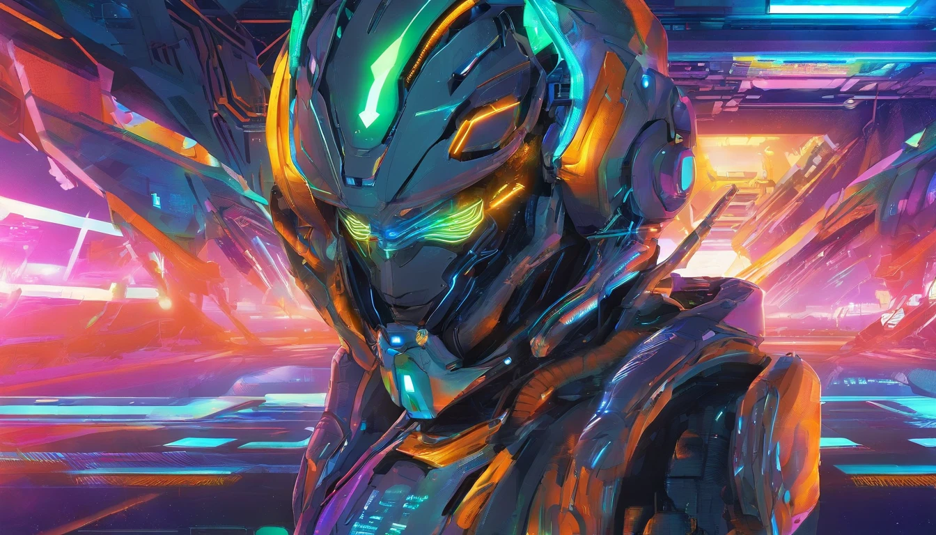 (male protogen),Cyberpunk,Cabos,cores claras, cor predominante verde e azul,Wires sticking out of the head, Mechanicalgirl,olhos brilhantes,metallic surface,display digital,Advanced technology,Futuristic,neon lights,electromagnetic field,bordas afiadas,design simplificado,Organismo Digital,Biomechanicals,Atmosfera misteriosa,viseira de vidro,sentidos aprimorados,energetic pose,invisible circuits,holographic projections,fios coloridos,ciborgue macho, Monitores