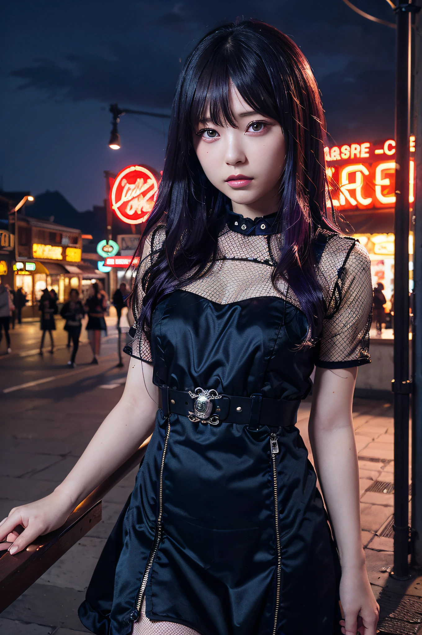 ((masutepiece)), ((Best Quality)), (Ultra-detailed), ((Extremely detailed)), 4K, (8K), Best Quality, (Beautiful), Dynamic Angle, city, Town, Night, Cute little girl s, 1girl in, Solo, Steampunk, Beautiful purple hair 0, ((Beautiful eyes)), Mesh, Cool, Neon light, shiny