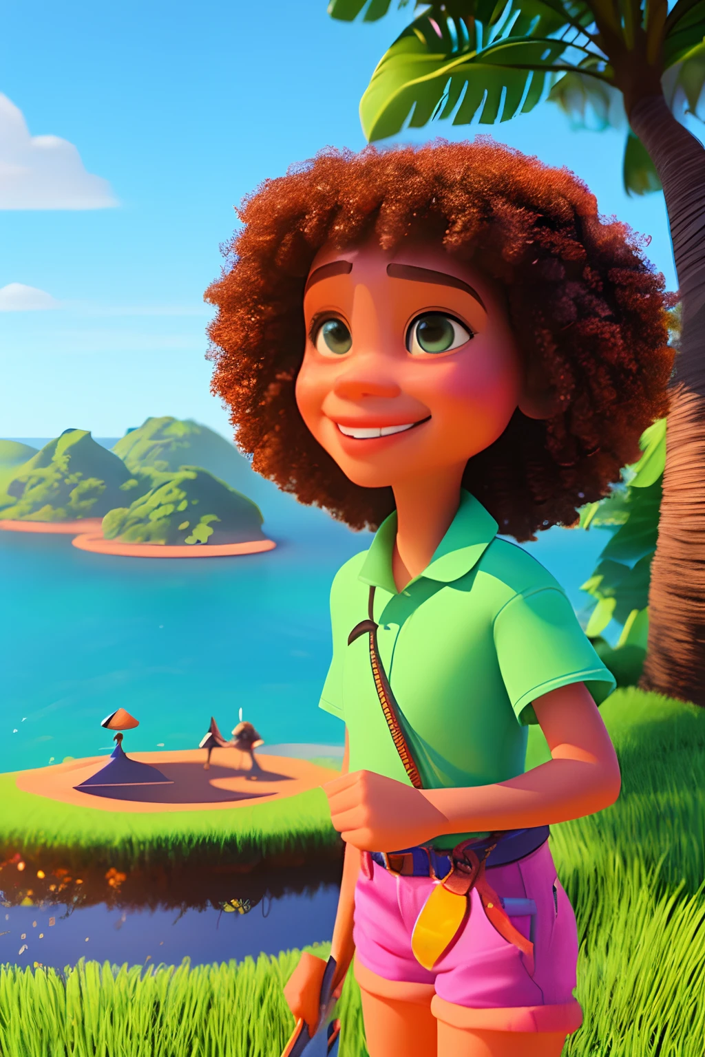 menina da oceania, alegre, brincando, paisagem ao ar livre, disney pixar desenho animado em 3d
