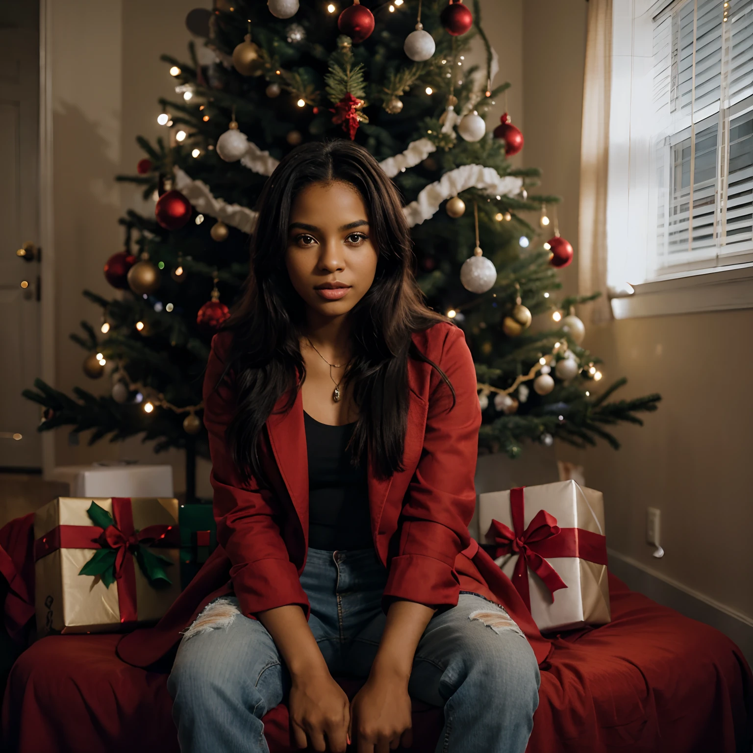 Young black Brazilian woman wearing jeans and red coat sitting in front of a Christmas tree in the living room at night.
