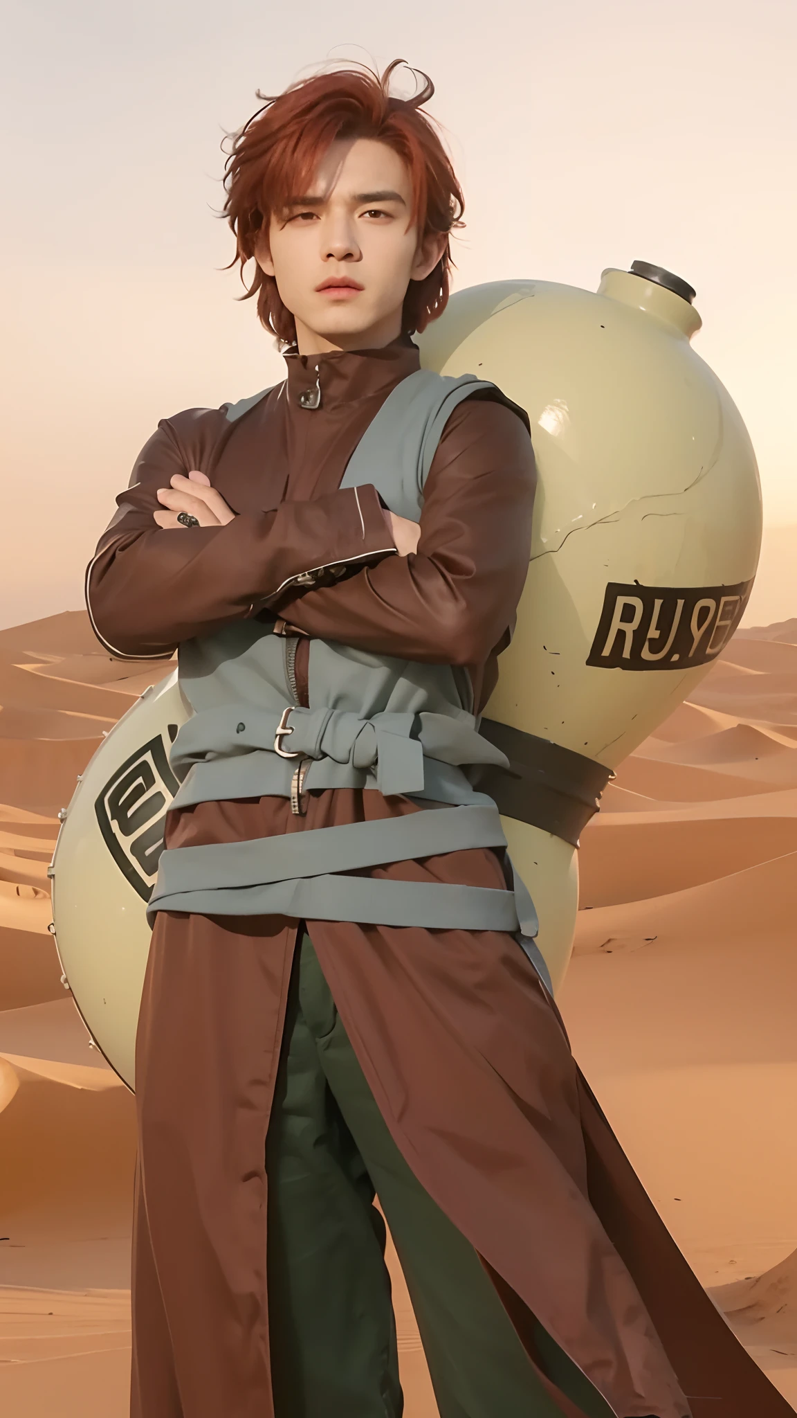 Real life adaption of this character, handsome man face, cool expression,realistic same red hair,(realistic same outfit),there is A large clay jug on the back, realistic desert background, hyper realistic, realistic light, realistic shadow, realism,(photorealistic:1.2), looking to viewer