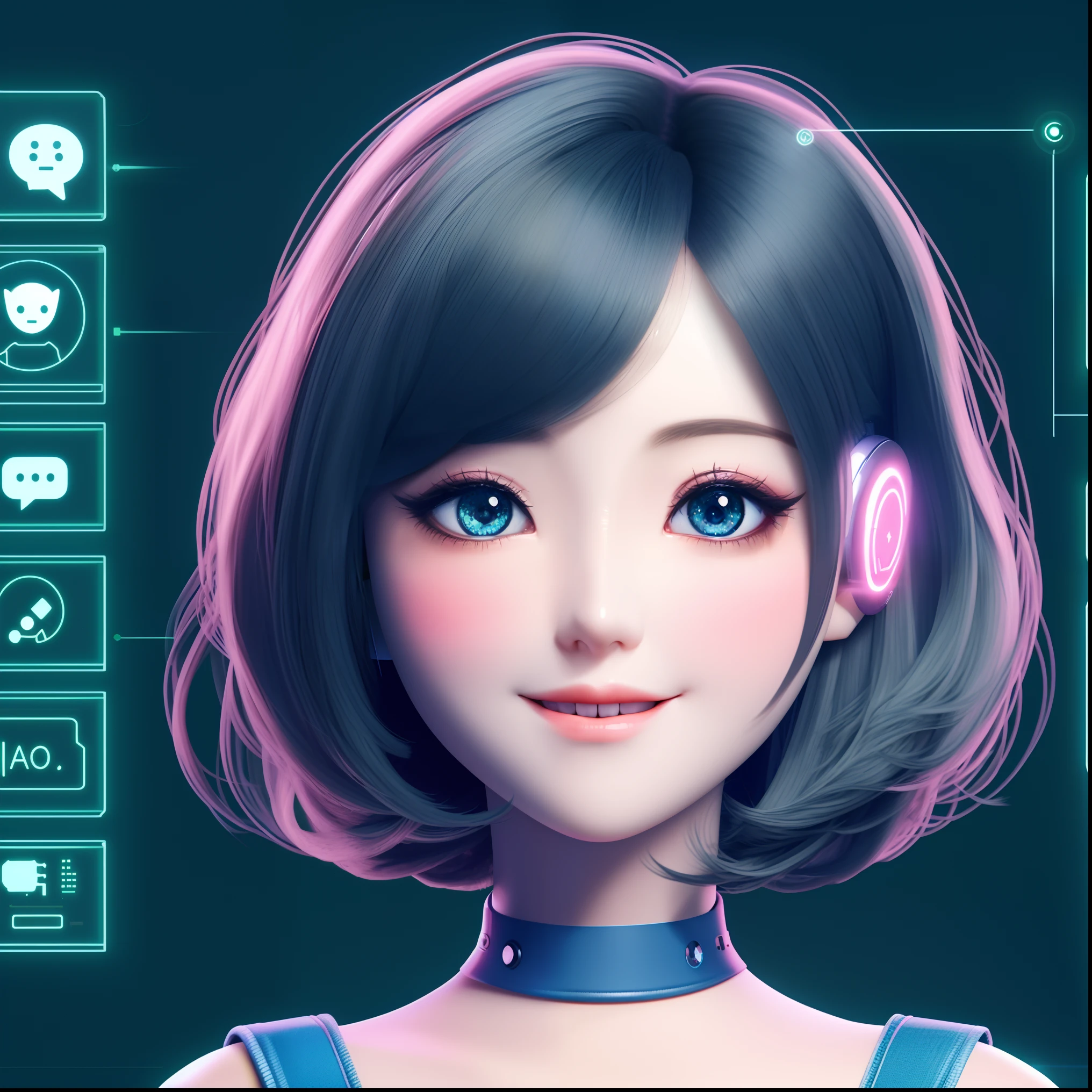 Close up portrait of woman with headphones on her head, perfect android girl, Cute cyborg girl, portrait anime space cadet girl, realistic anime 3 d style, anime styled 3d, beautiful android woman, Portrait of a female android, glowwave girl portrait, Beautiful Female Android, render of a cute 3d anime girl, digital anime illustration, Digital Cyberpunk Anime Art,Emerge from your smartphone,suits,Female Secretary,A sexy