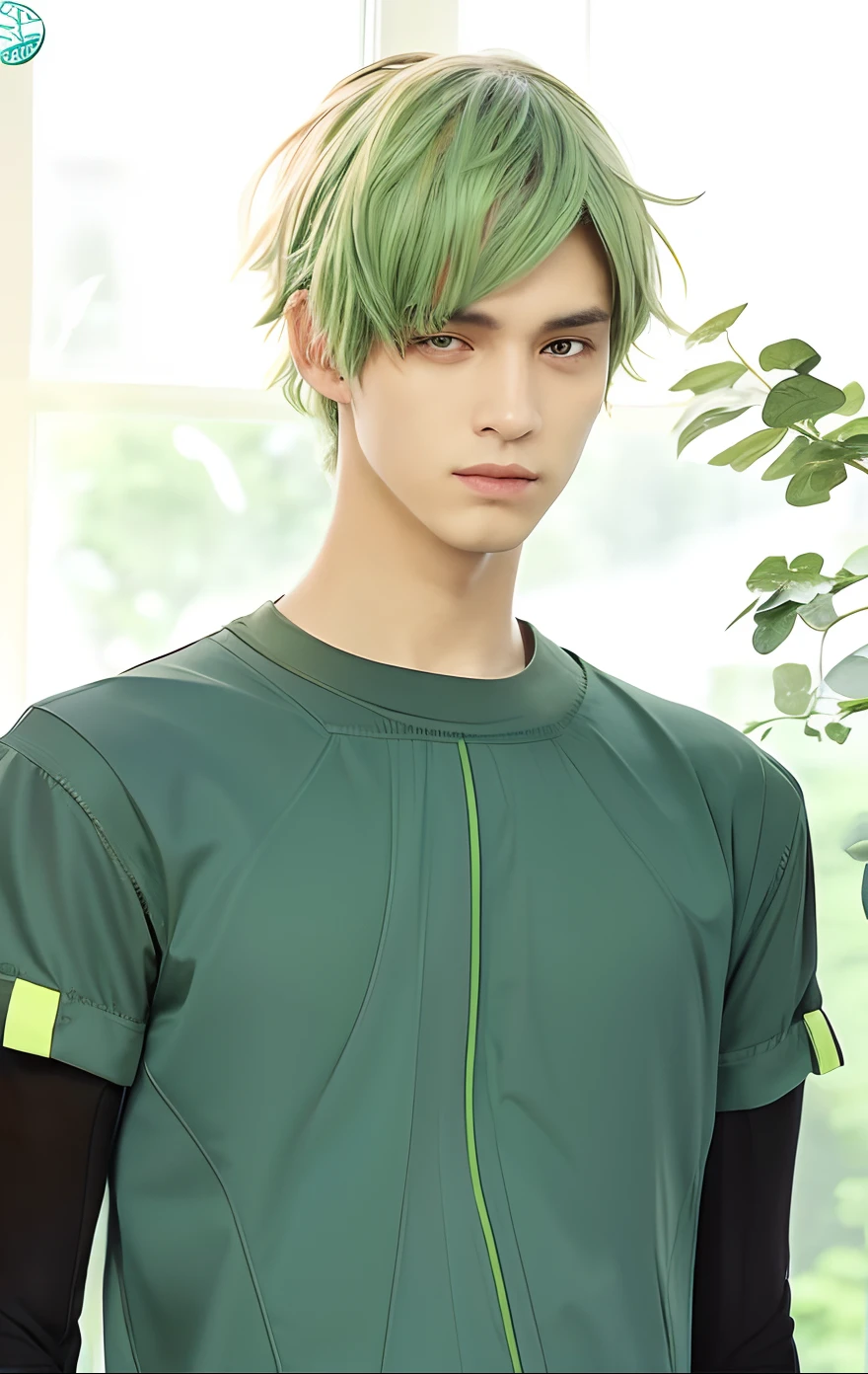 A man, brownish green hair, dark green clothes, black sleeves, realistic